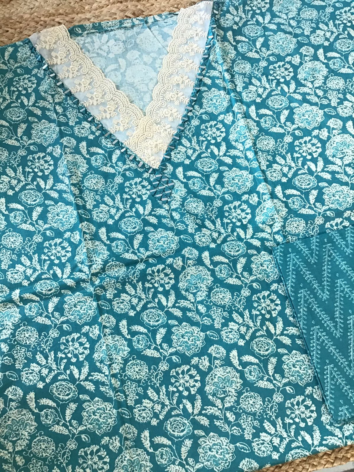 Pure Cotton Printed Embroidered Suit - Blue