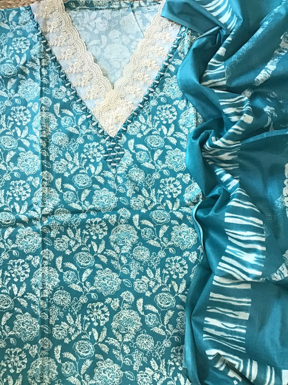 Pure Cotton Printed Embroidered Suit - Blue
