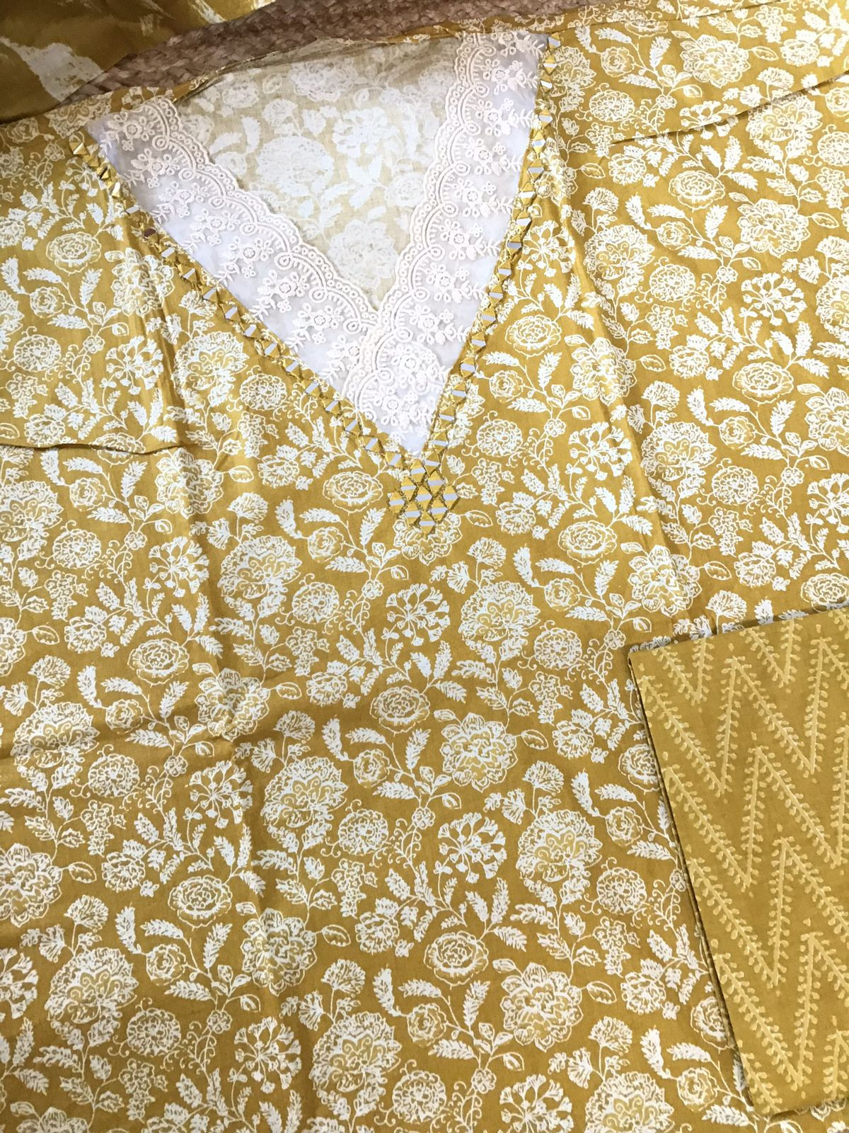 Pure Cotton Printed Embroidered Suit - Yellow