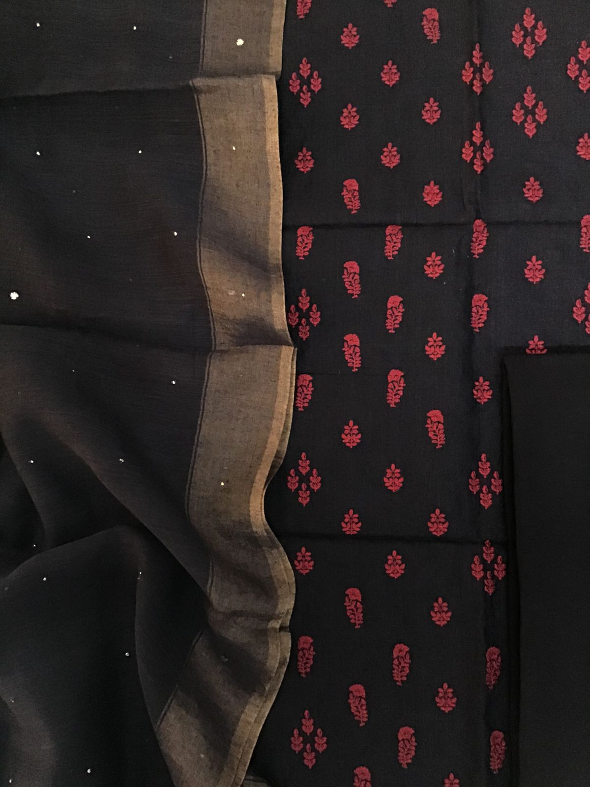 Pure Munga Silk Embroidered Suit - Black