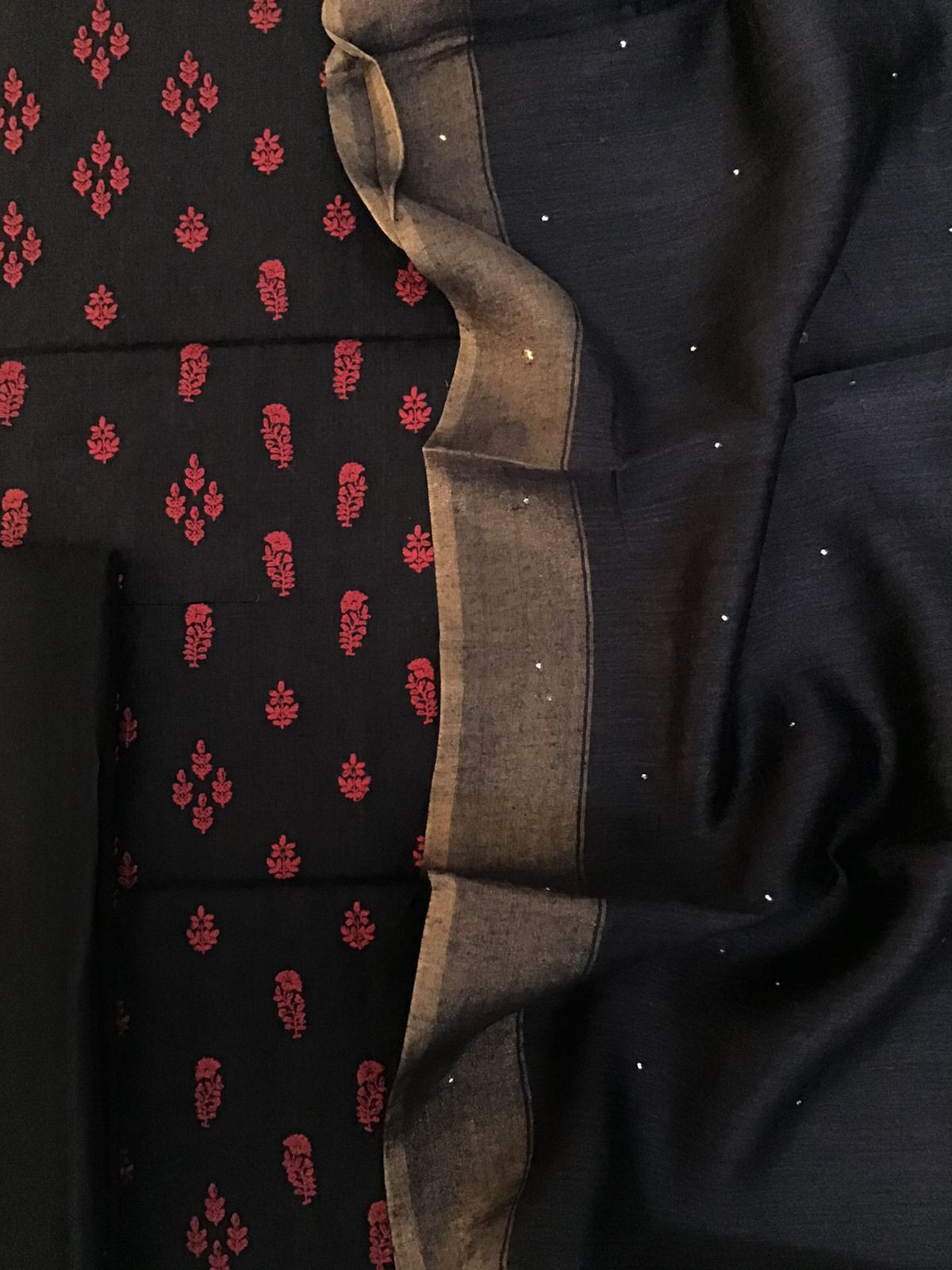 Pure Munga Silk Embroidered Suit - Black