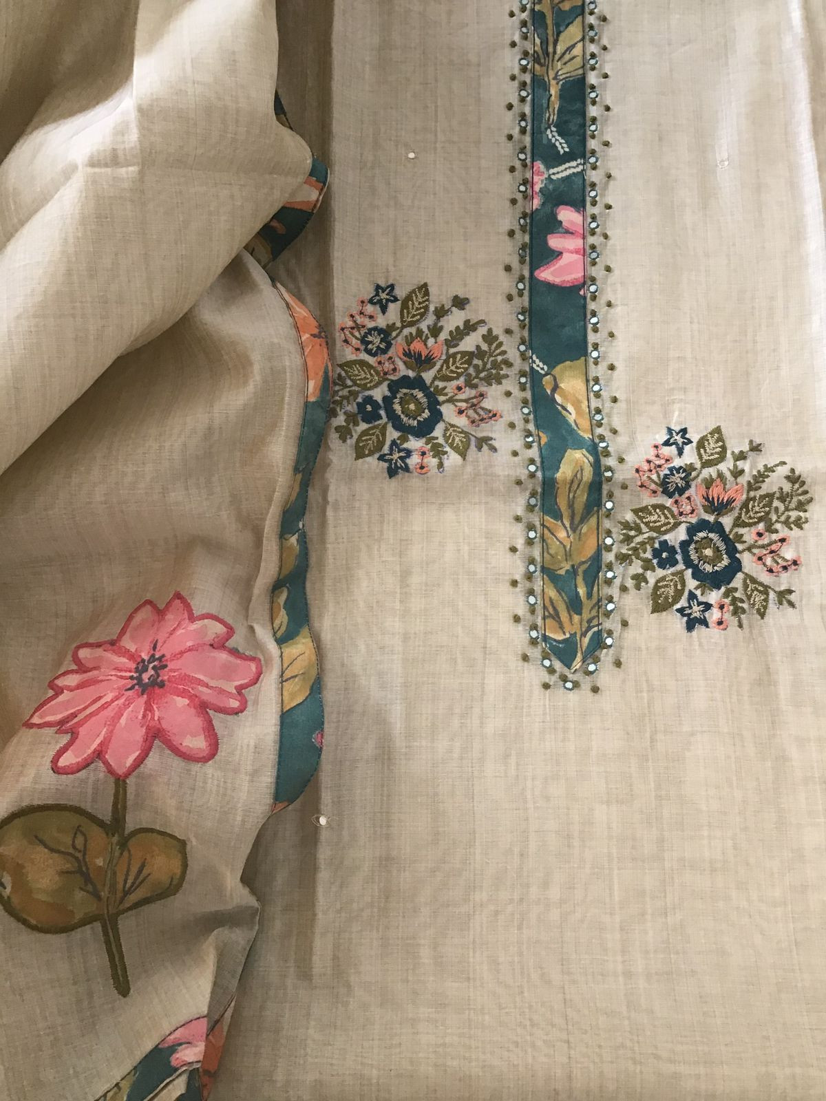 Soft Slub Chanderi Embroidered Suit - Beige