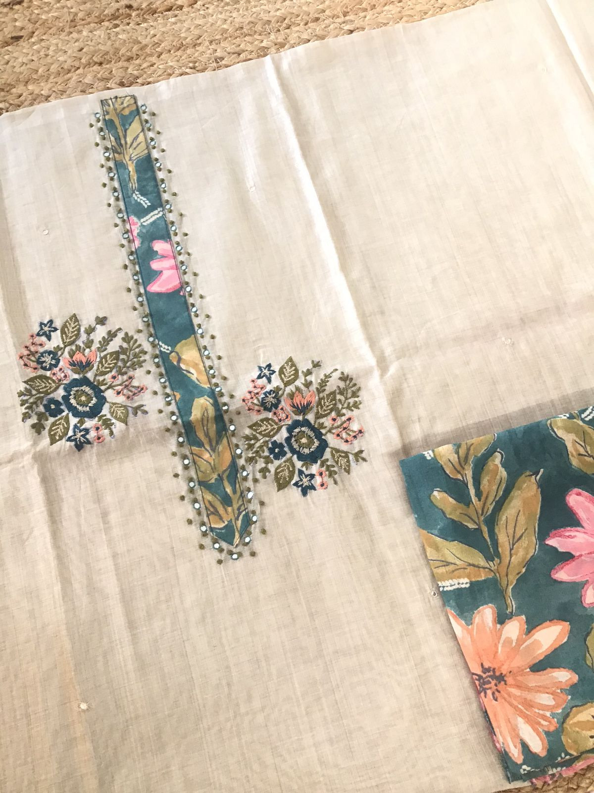Soft Slub Chanderi Embroidered Suit - Beige