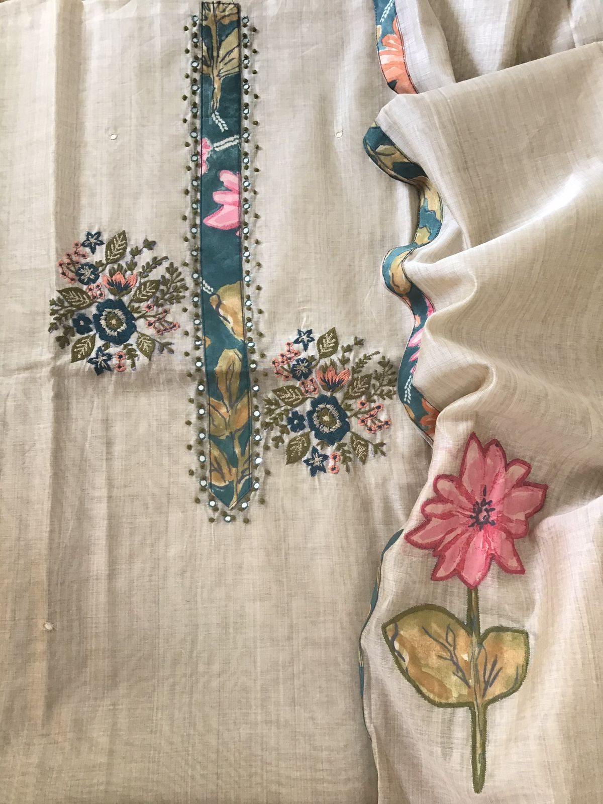 Soft Slub Chanderi Embroidered Suit - Beige