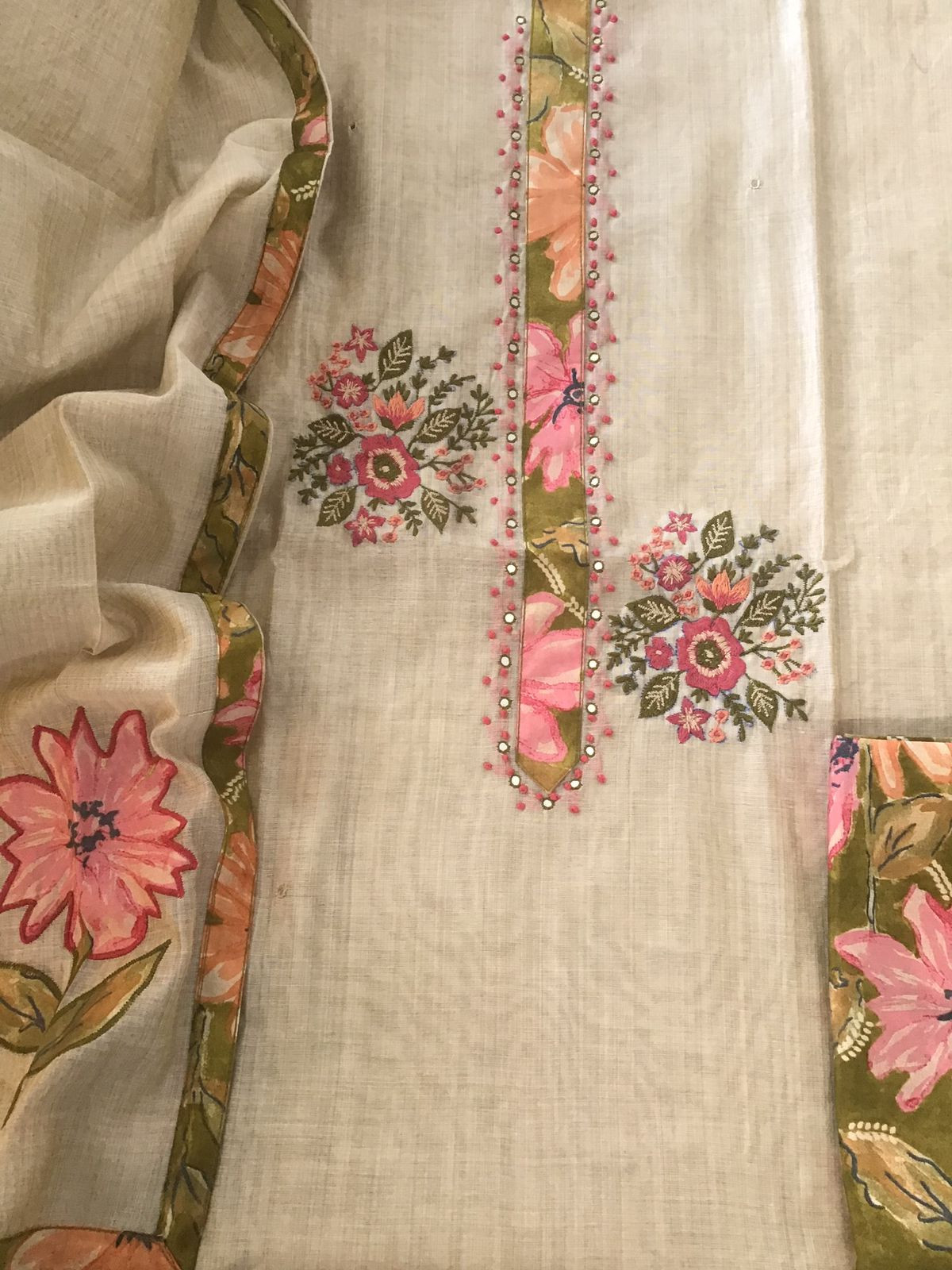 Soft Slub Chanderi Embroidered Suit - Beige