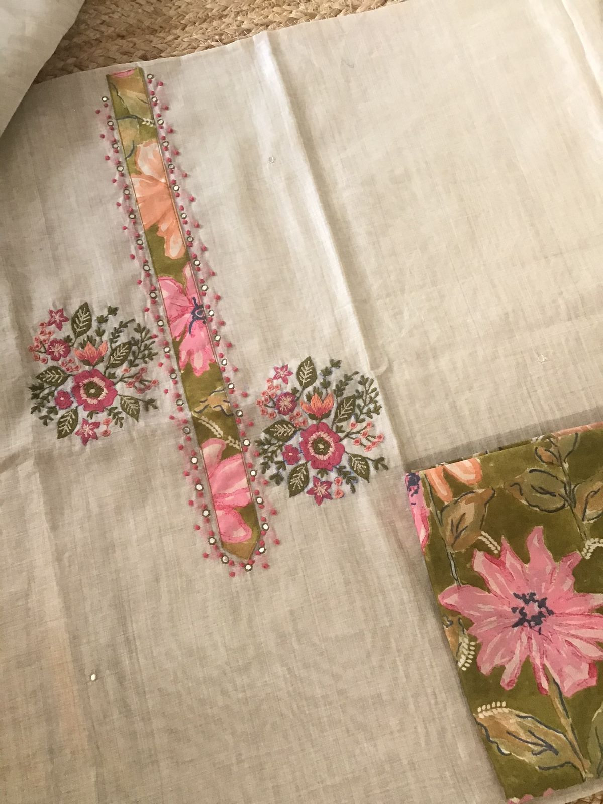 Soft Slub Chanderi Embroidered Suit - Beige