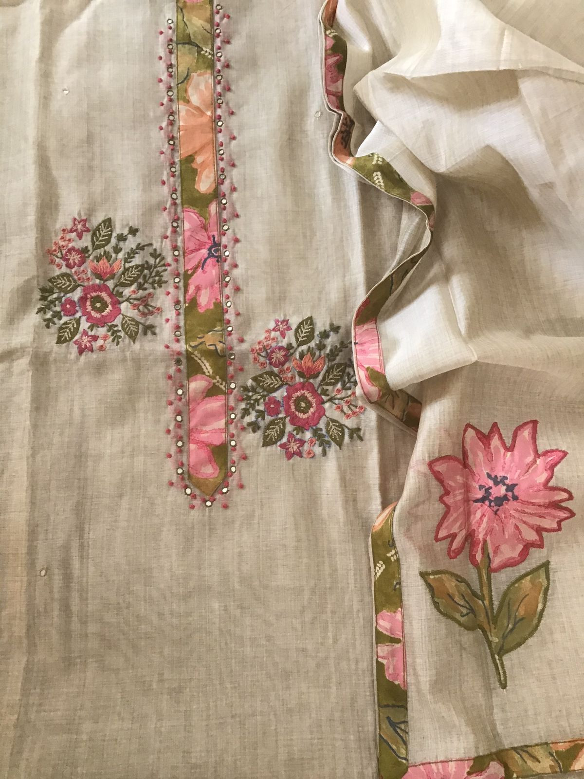 Soft Slub Chanderi Embroidered Suit - Beige