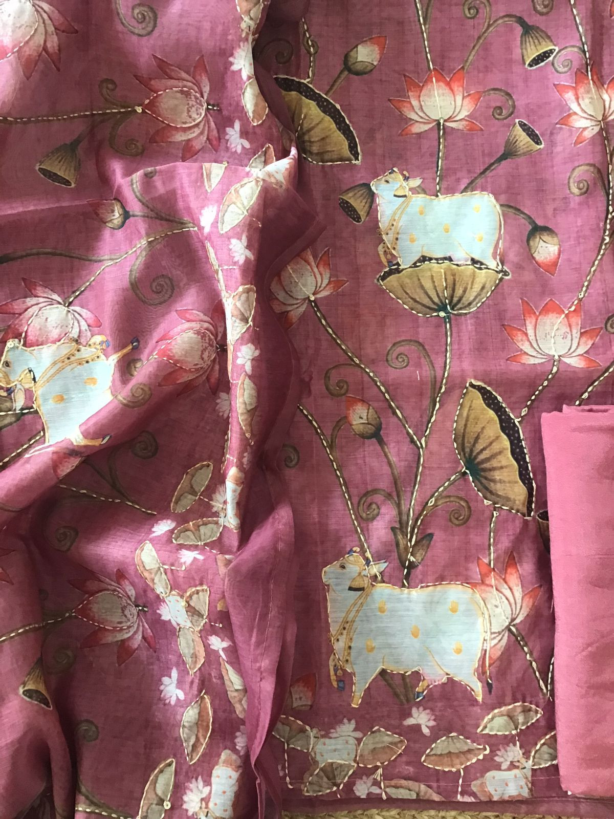 Soft Kora Chanderi Printed Embroidered Suit - Pink