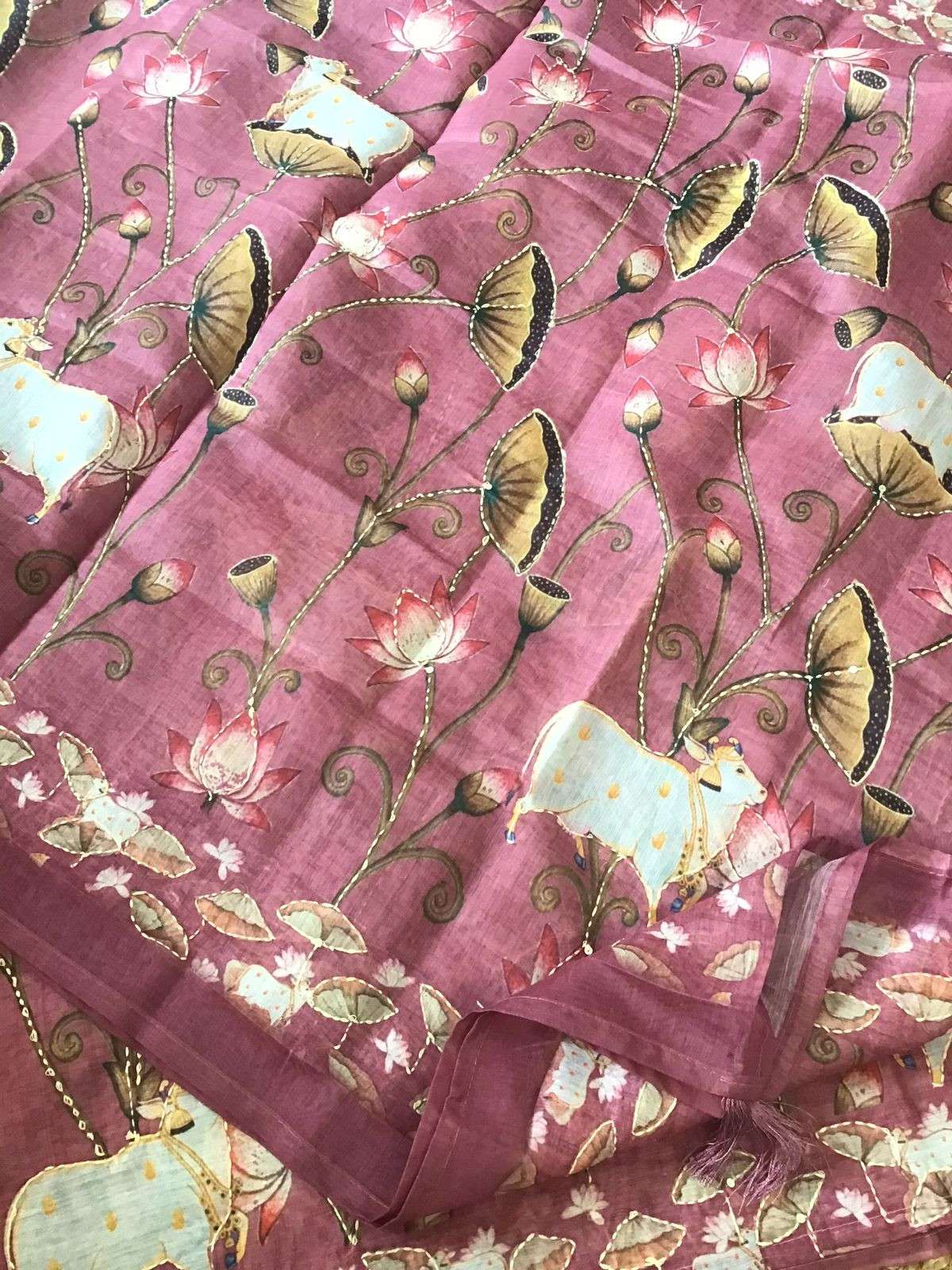 Soft Kora Chanderi Printed Embroidered Suit - Pink