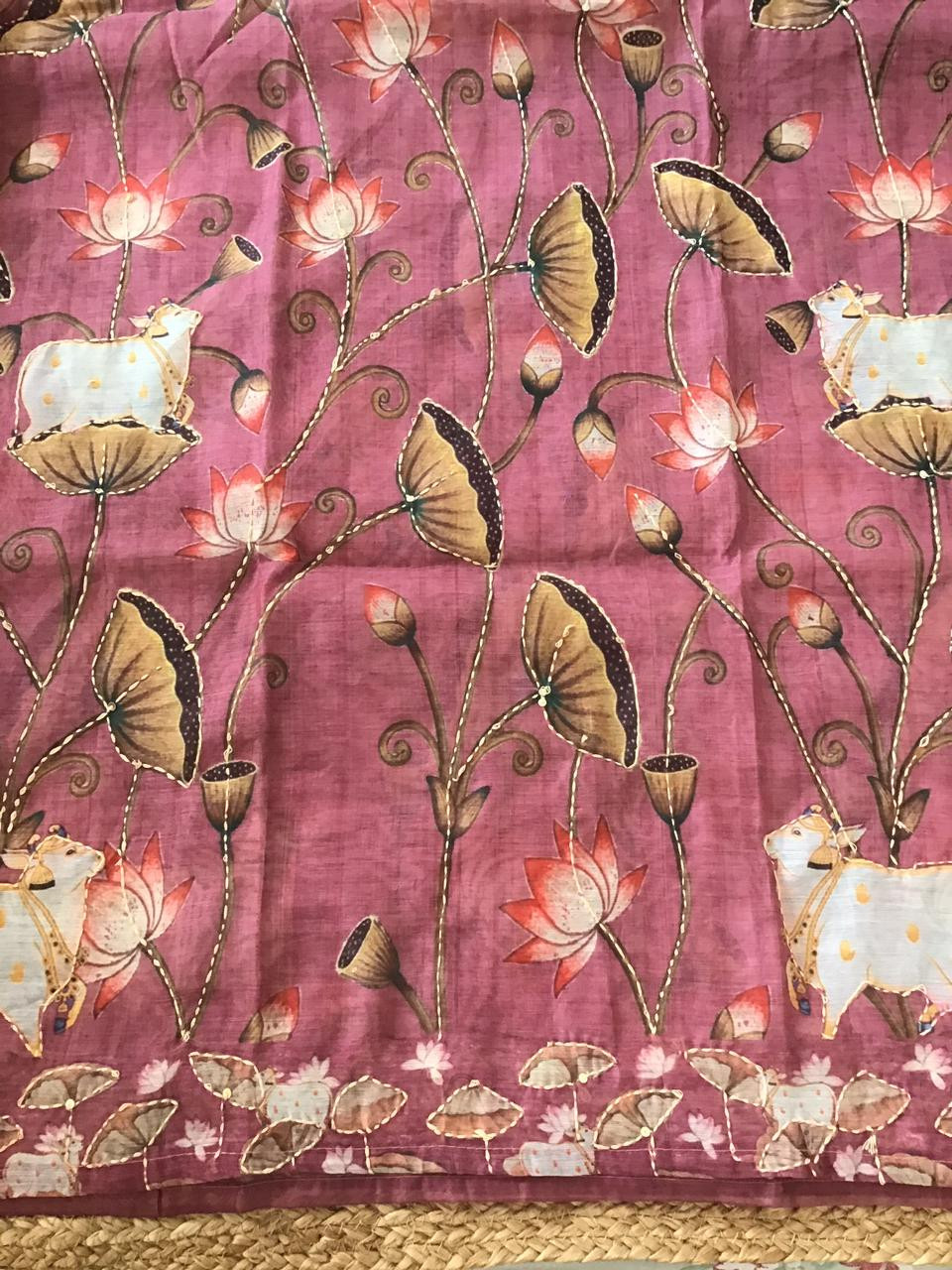 Soft Kora Chanderi Printed Embroidered Suit - Pink