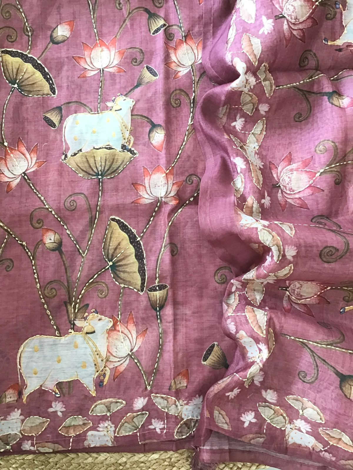 Soft Kora Chanderi Printed Embroidered Suit - Pink