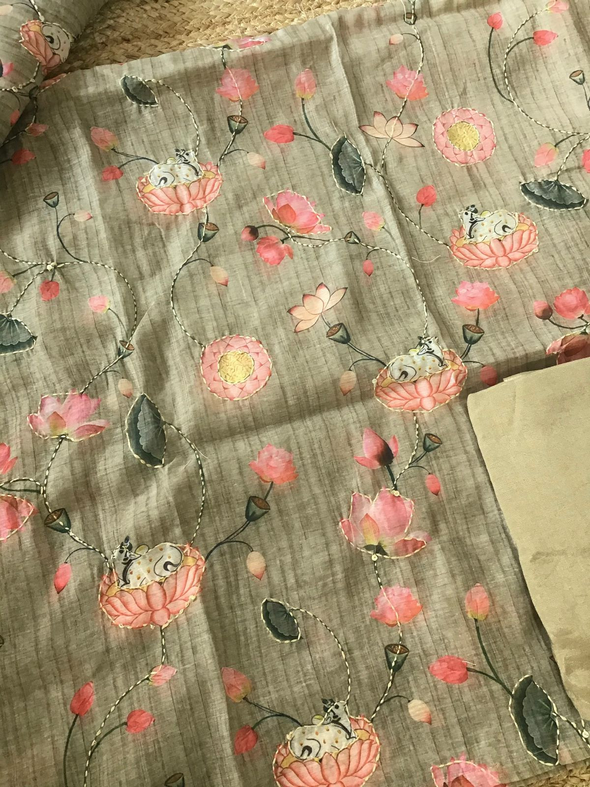 Soft Kora Chanderi Printed Embroidered Suit - Yellowish Green