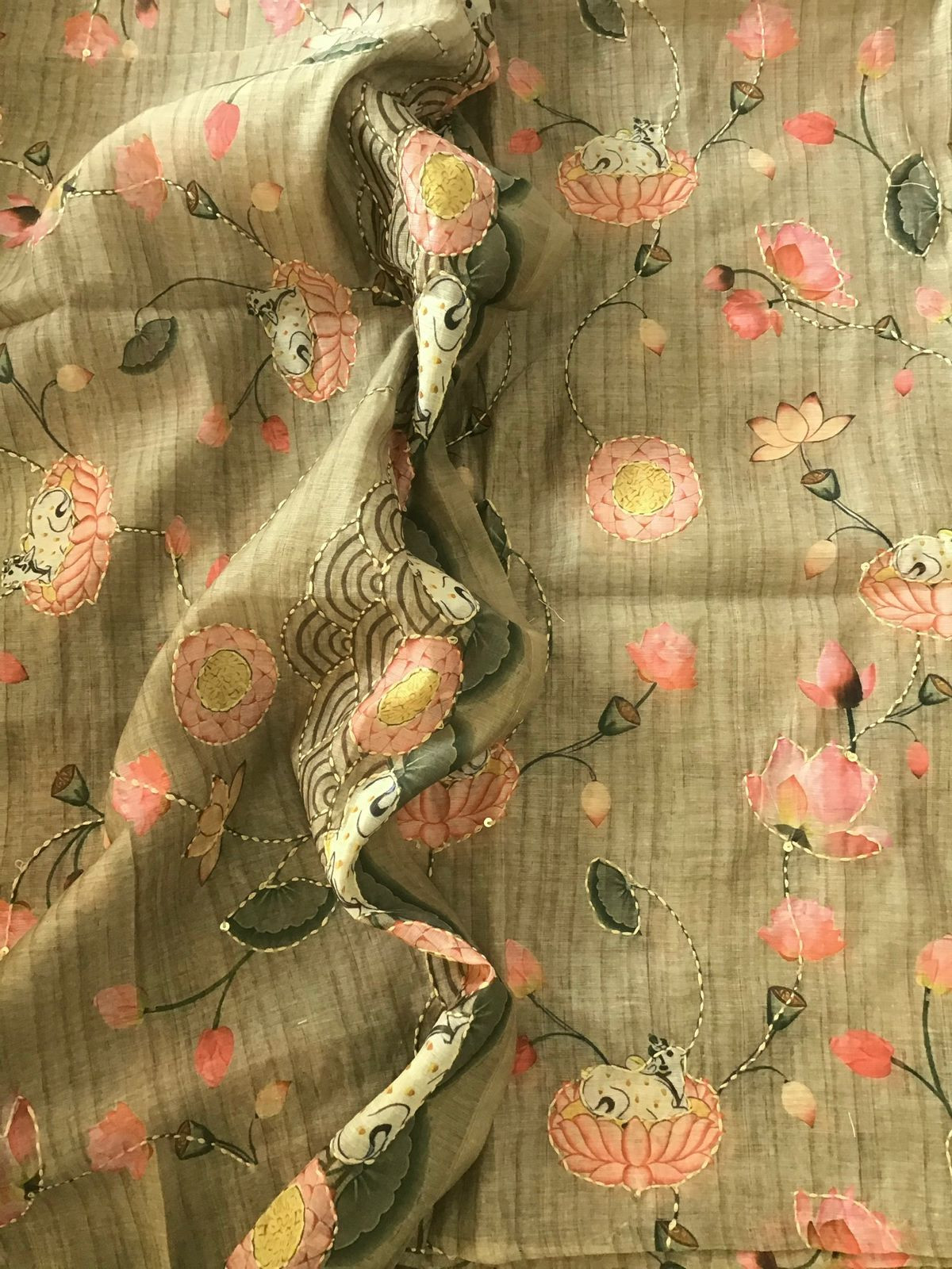 Soft Kora Chanderi Printed Embroidered Suit - Yellowish Green