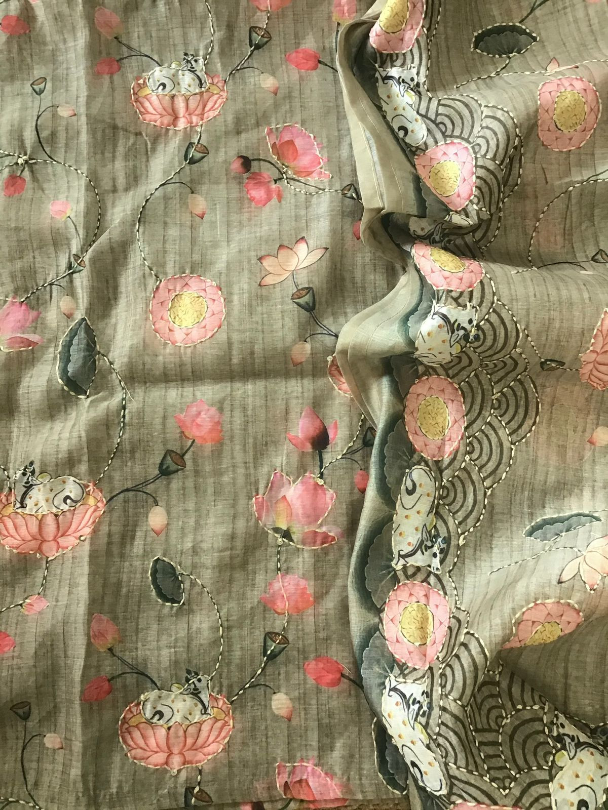 Soft Kora Chanderi Printed Embroidered Suit - Yellowish Green