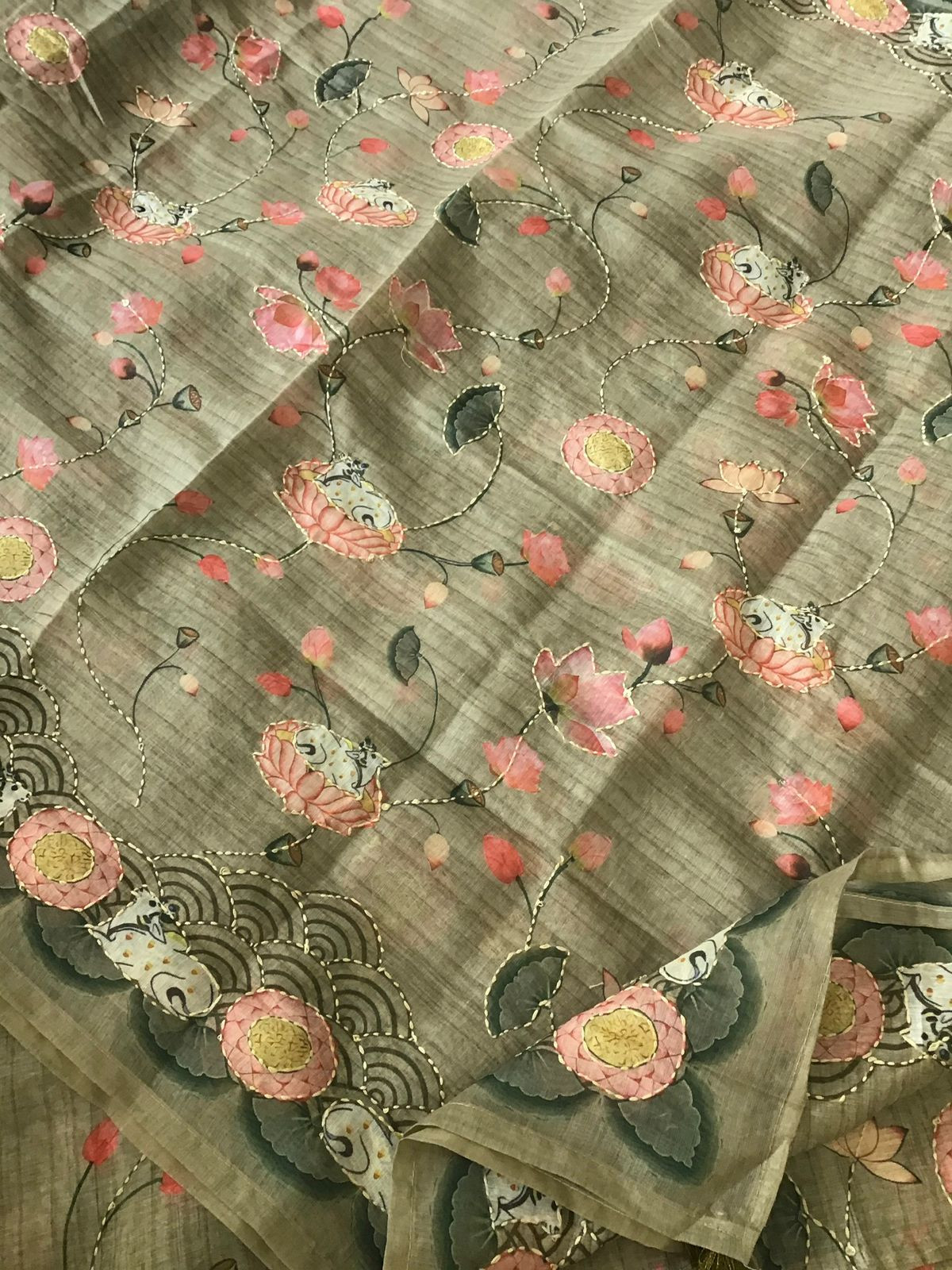 Soft Kora Chanderi Printed Embroidered Suit - Yellowish Green