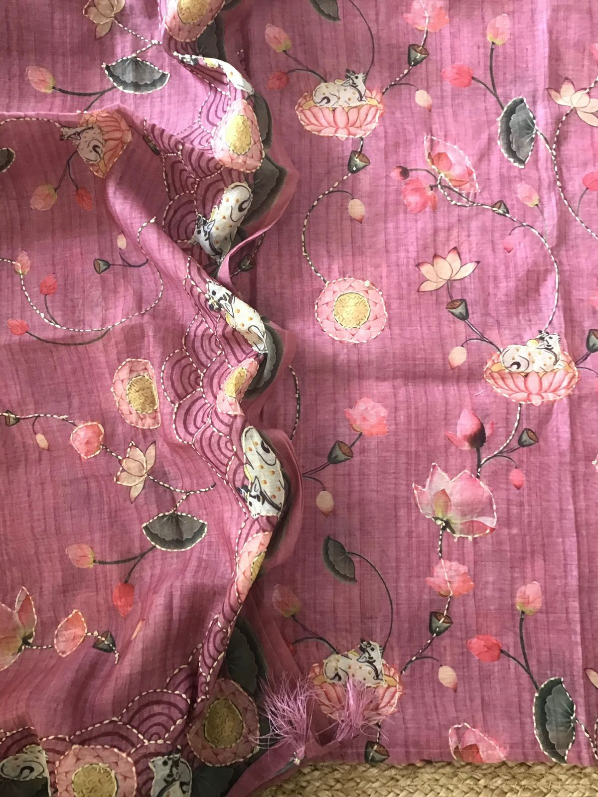 Soft Kora Chanderi Printed Embroidered Suit - Pink