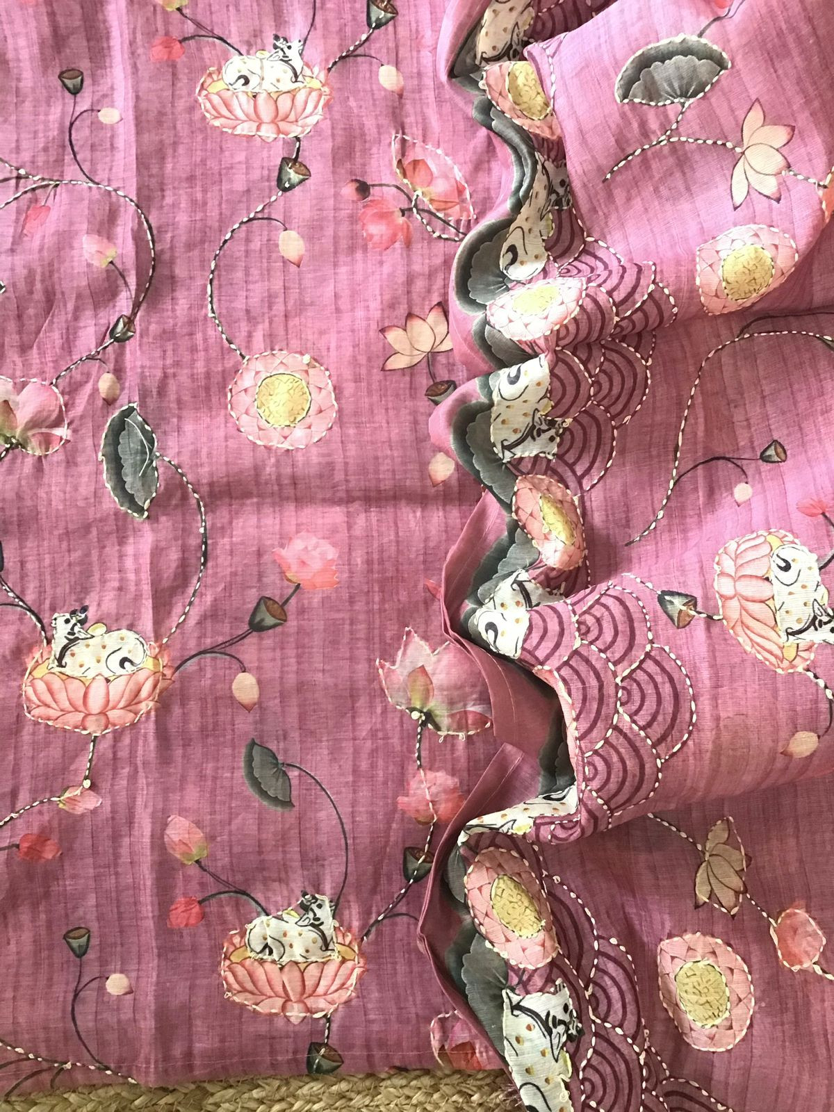 Soft Kora Chanderi Printed Embroidered Suit - Pink