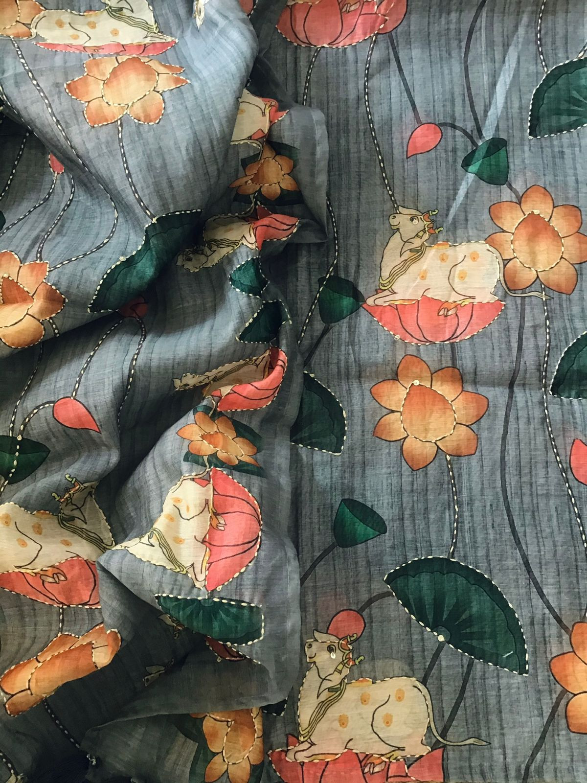 Soft Kora Chanderi Printed Embroidered Suit - Grey