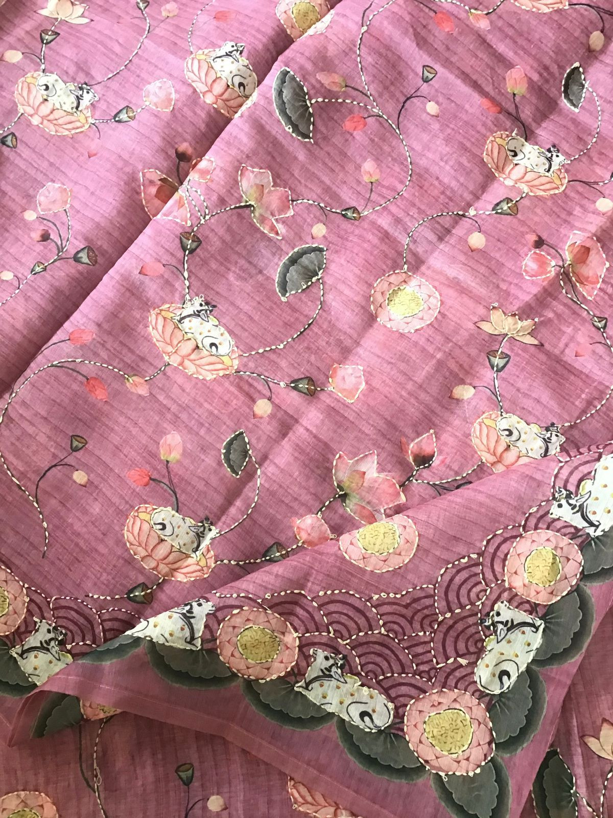 Soft Kora Chanderi Printed Embroidered Suit - Pink
