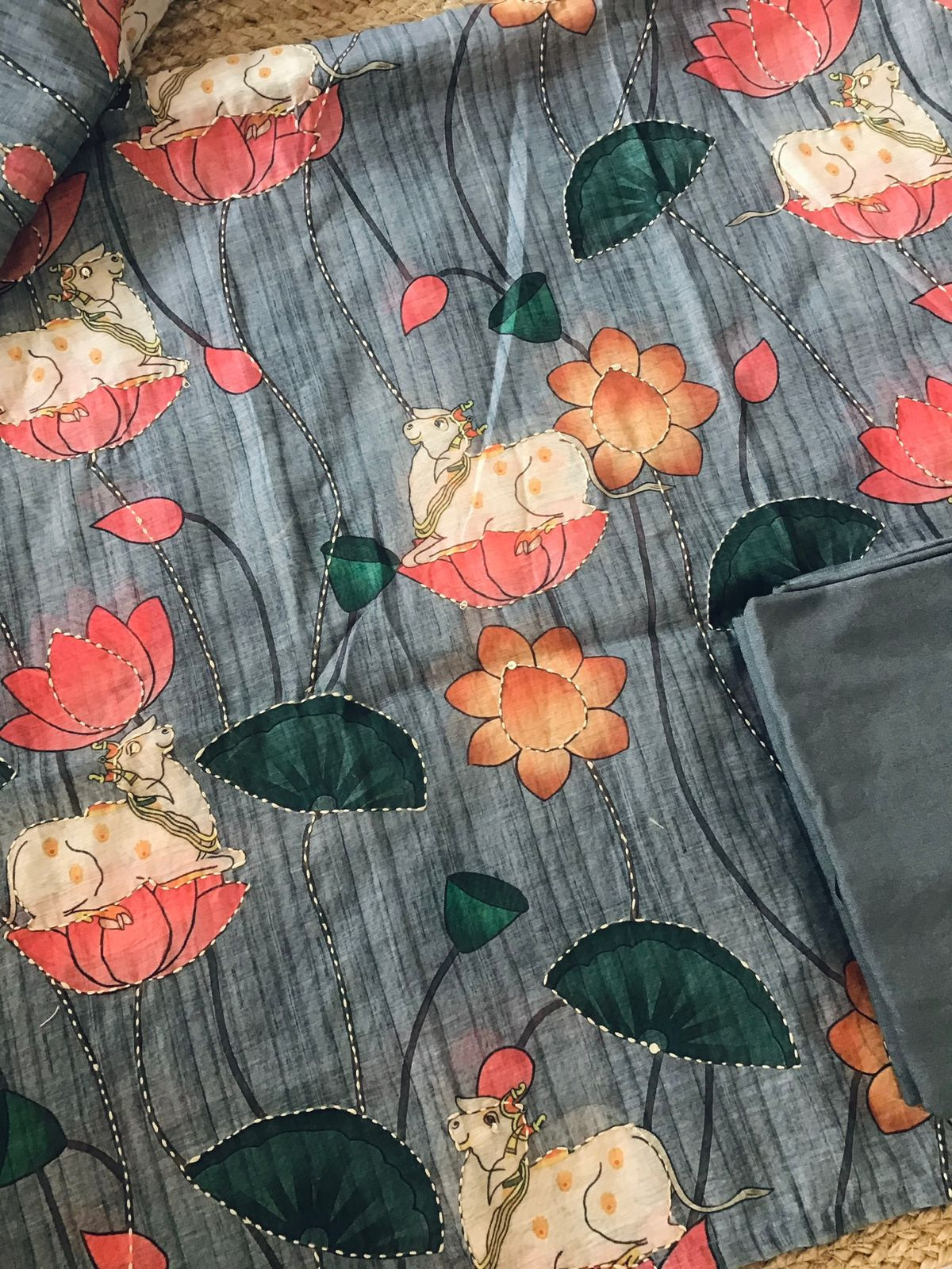 Soft Kora Chanderi Printed Embroidered Suit - Grey