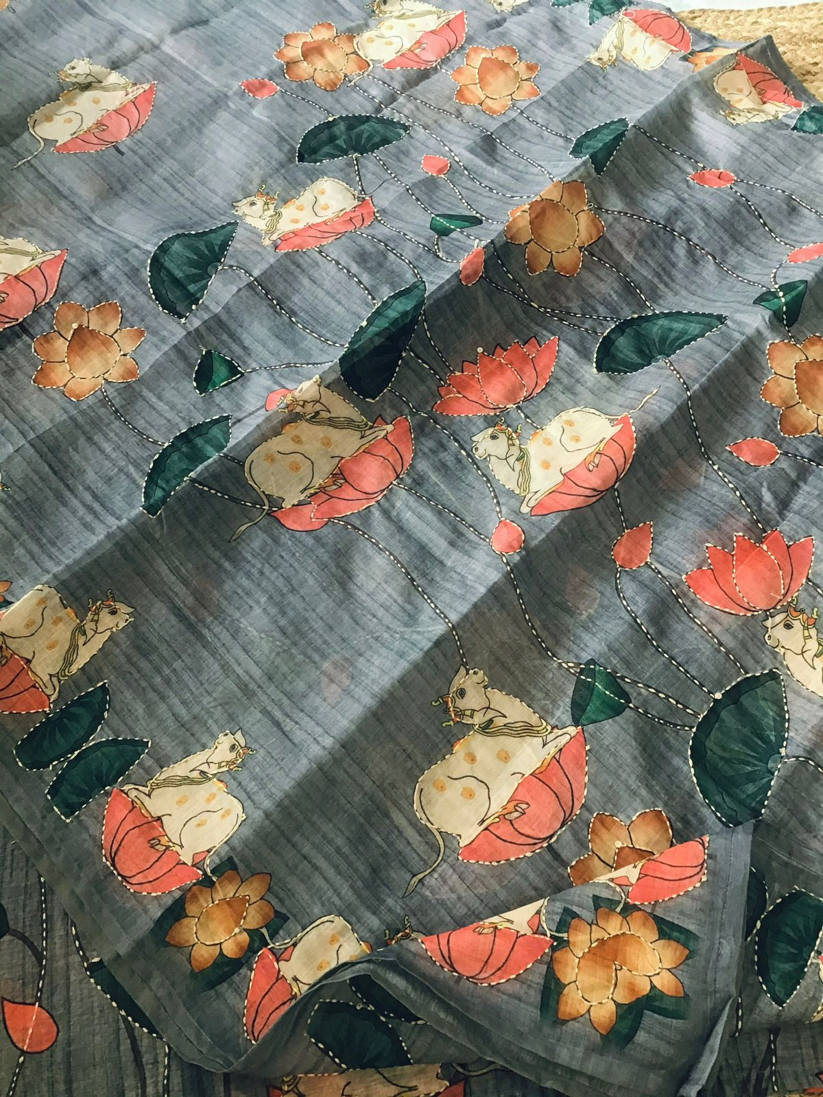 Soft Kora Chanderi Printed Embroidered Suit - Grey