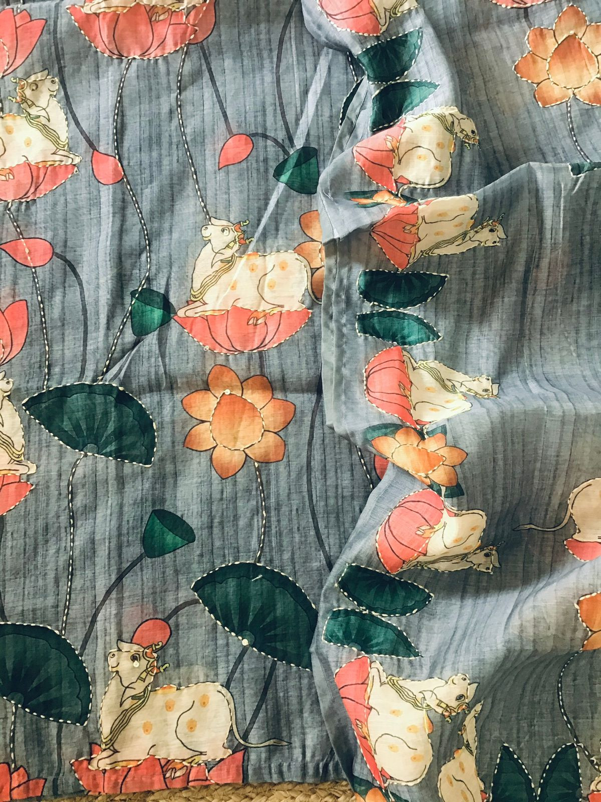 Soft Kora Chanderi Printed Embroidered Suit - Grey