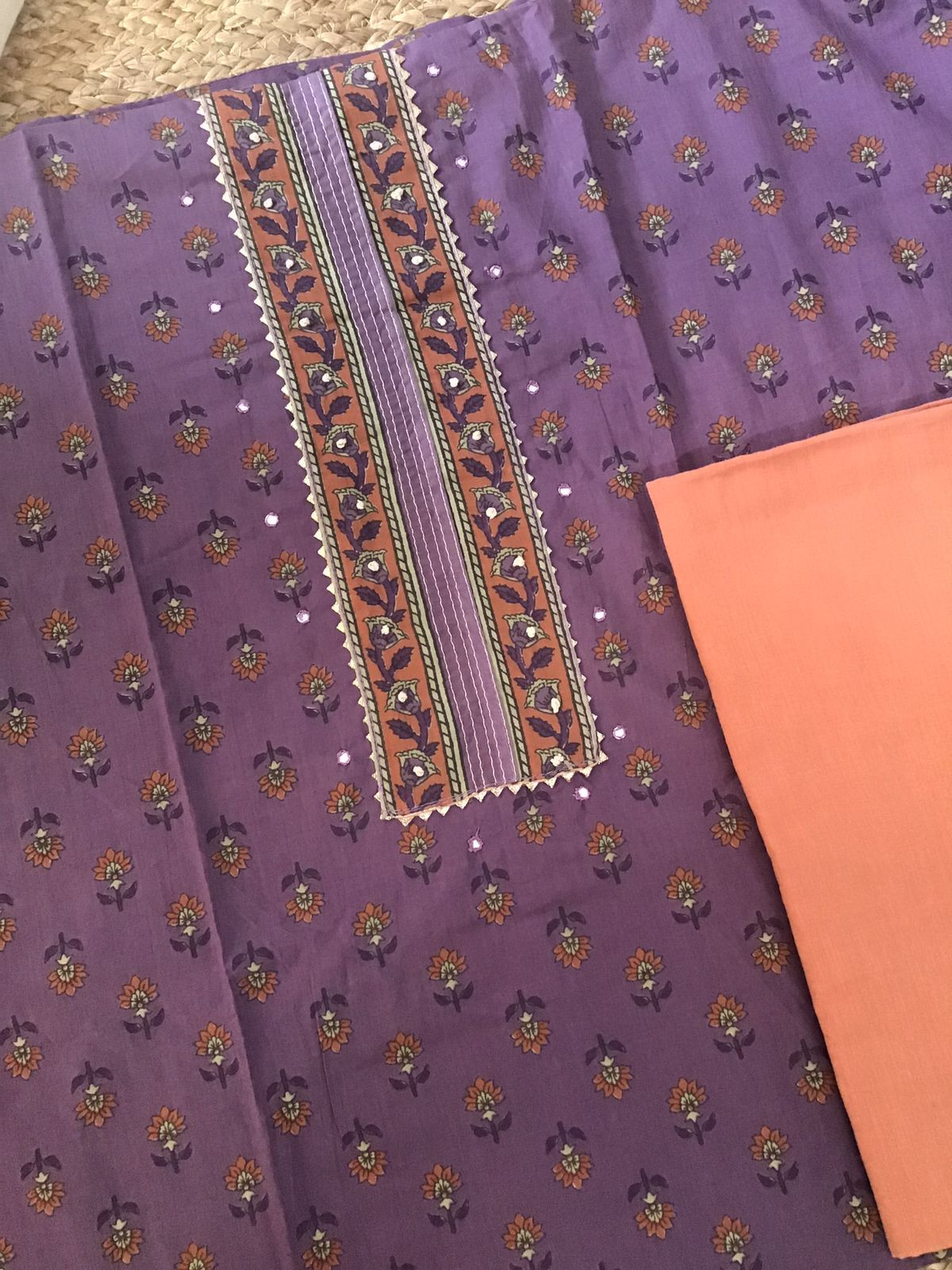 Pure Cotton Printed Embroidered Suit - Purple