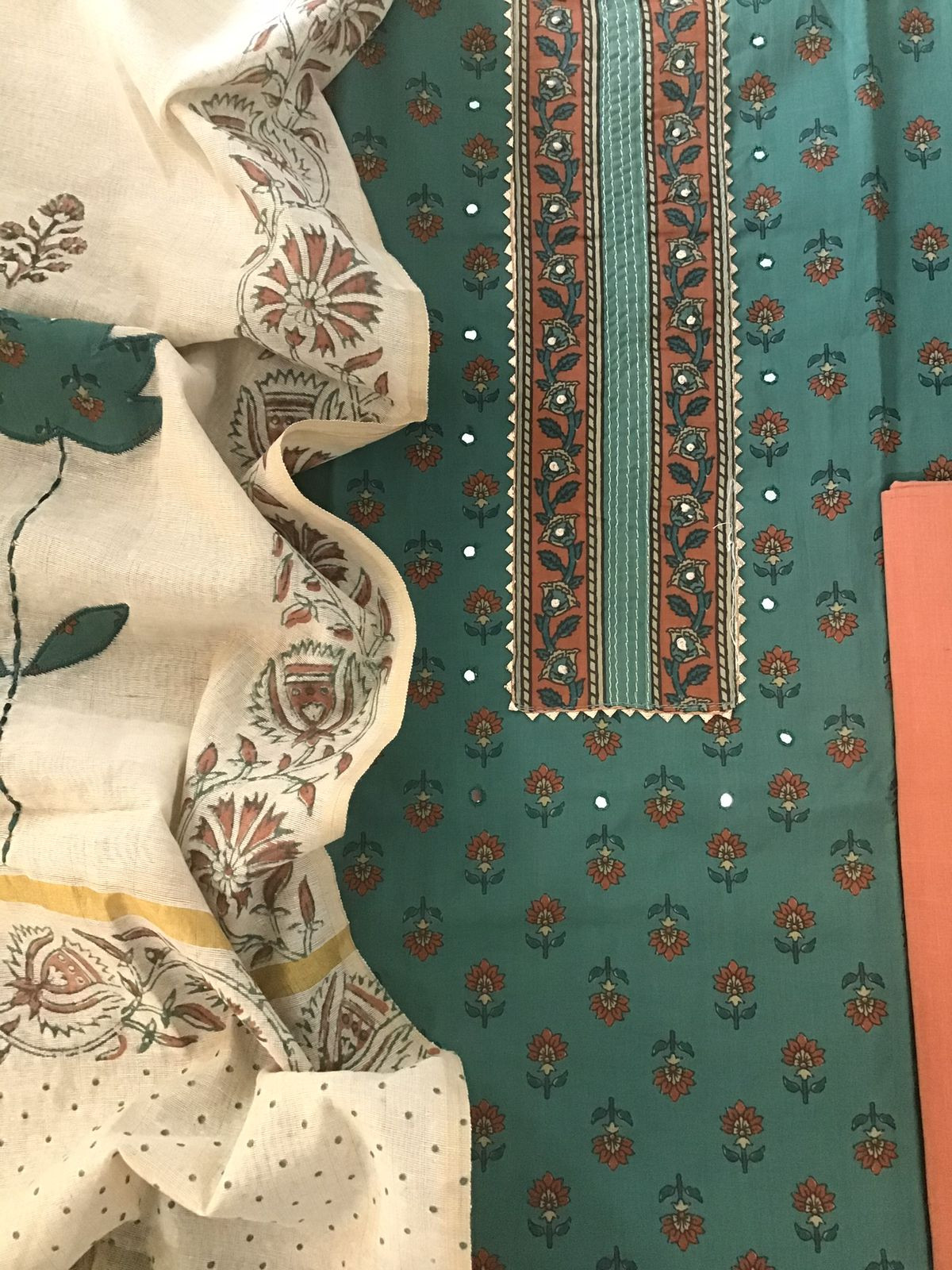 Pure Cotton Printed Embroidered Suit - Green