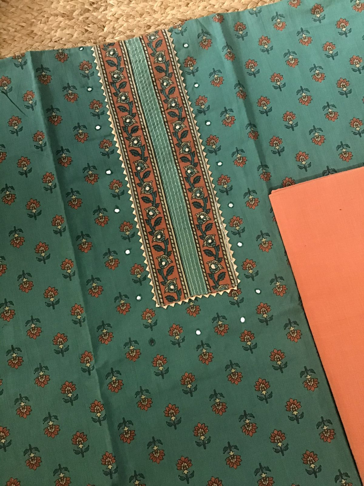 Pure Cotton Printed Embroidered Suit - Green