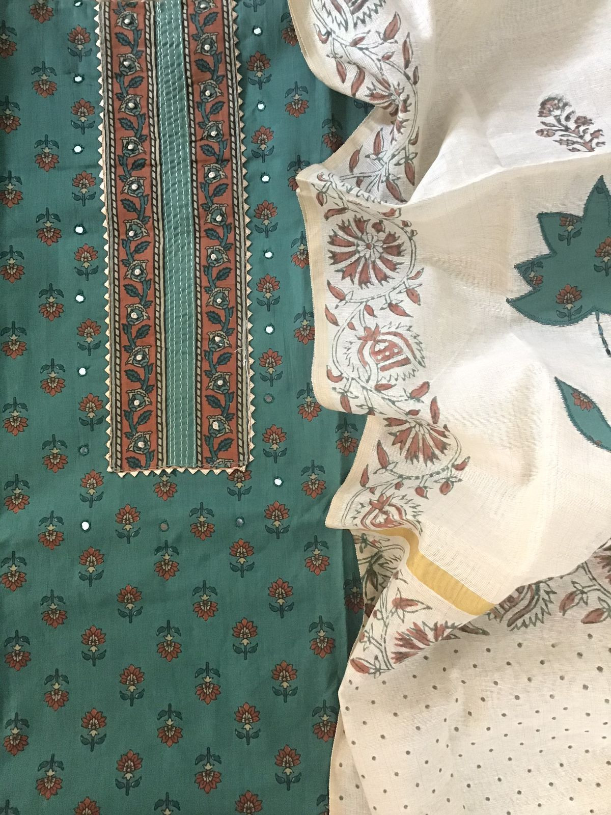 Pure Cotton Printed Embroidered Suit - Green