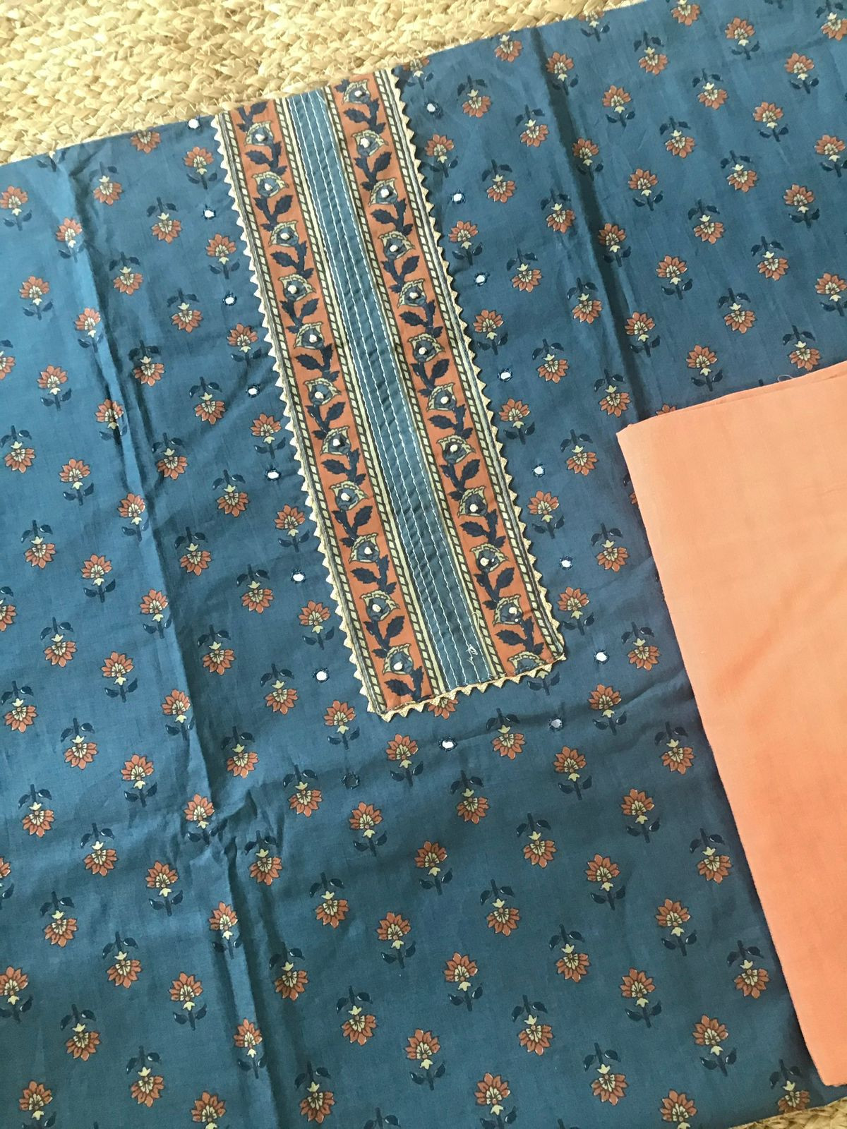 Pure Cotton Printed Embroidered Suit - Blue