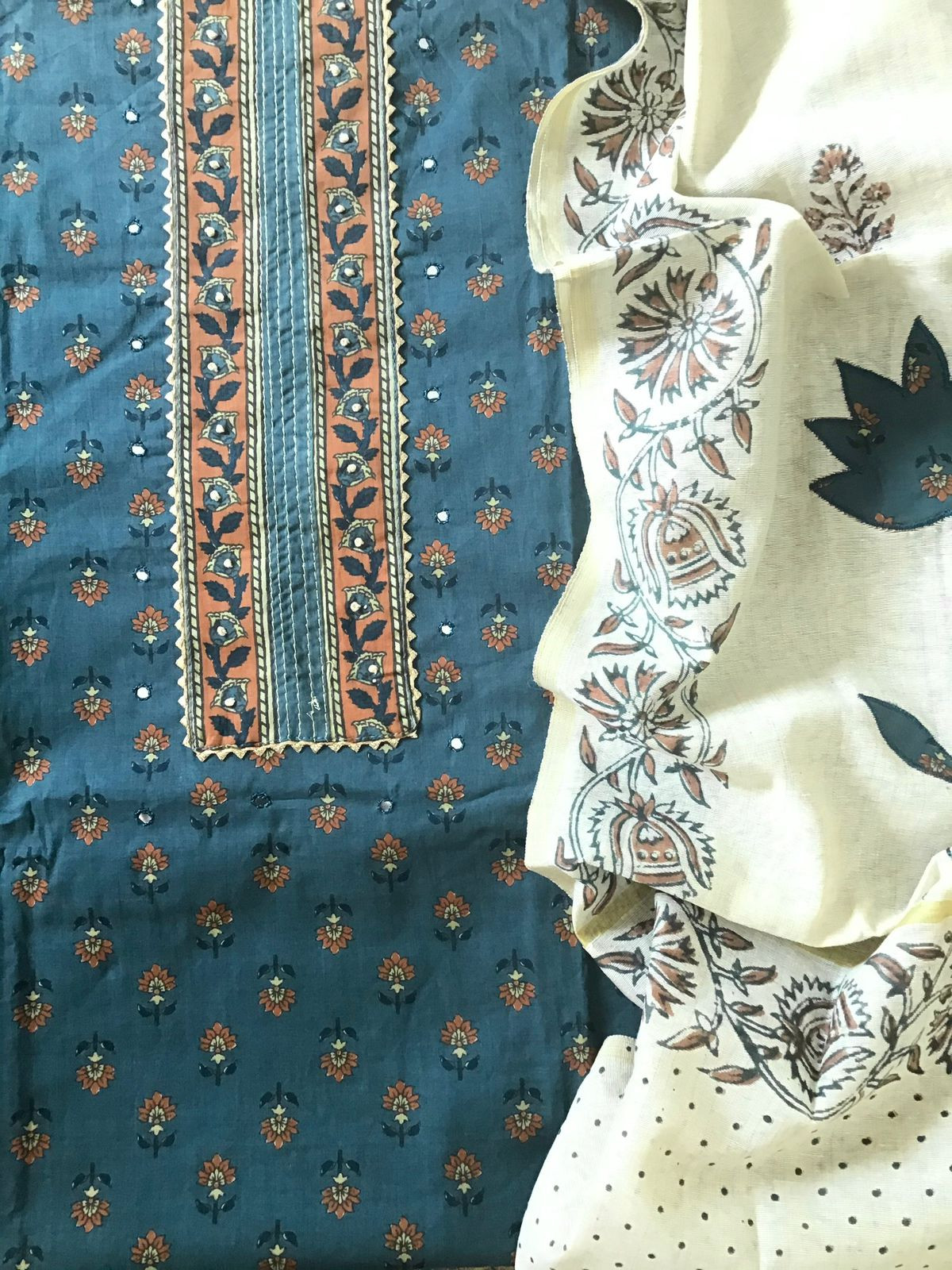 Pure Cotton Printed Embroidered Suit - Blue
