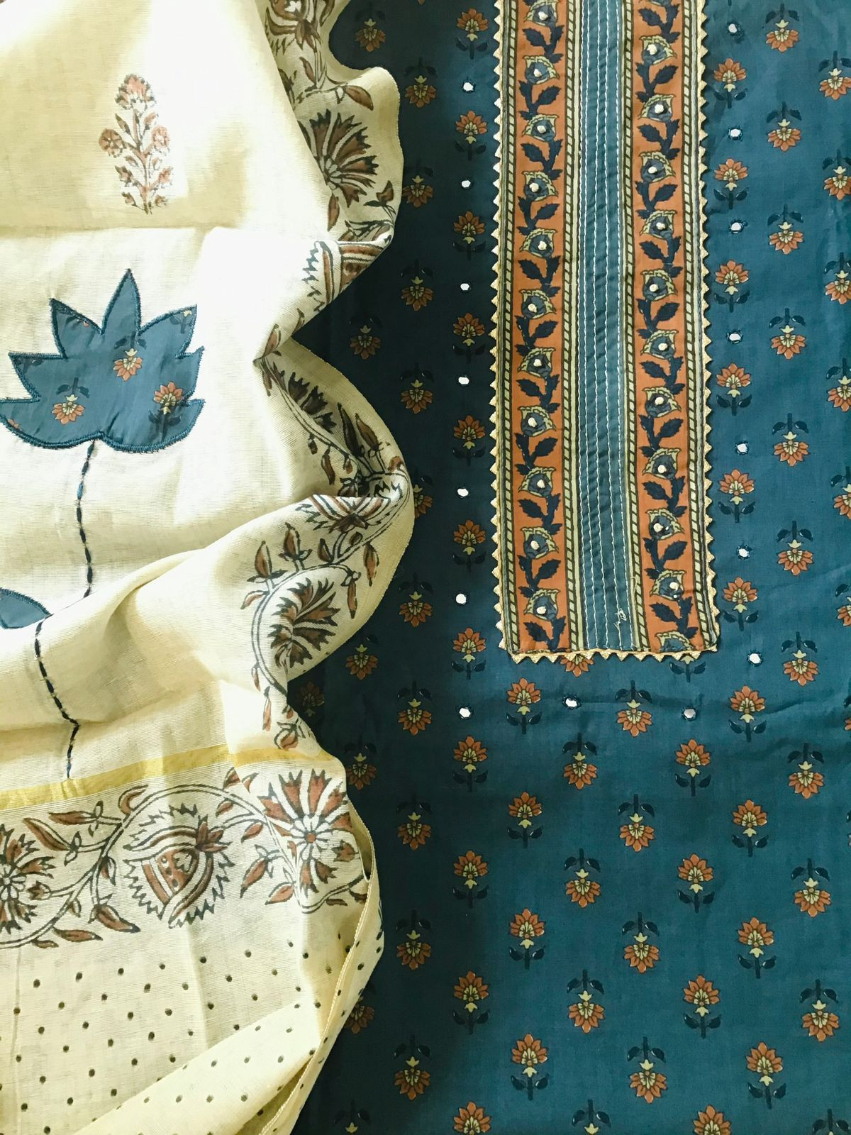 Pure Cotton Printed Embroidered Suit - Blue