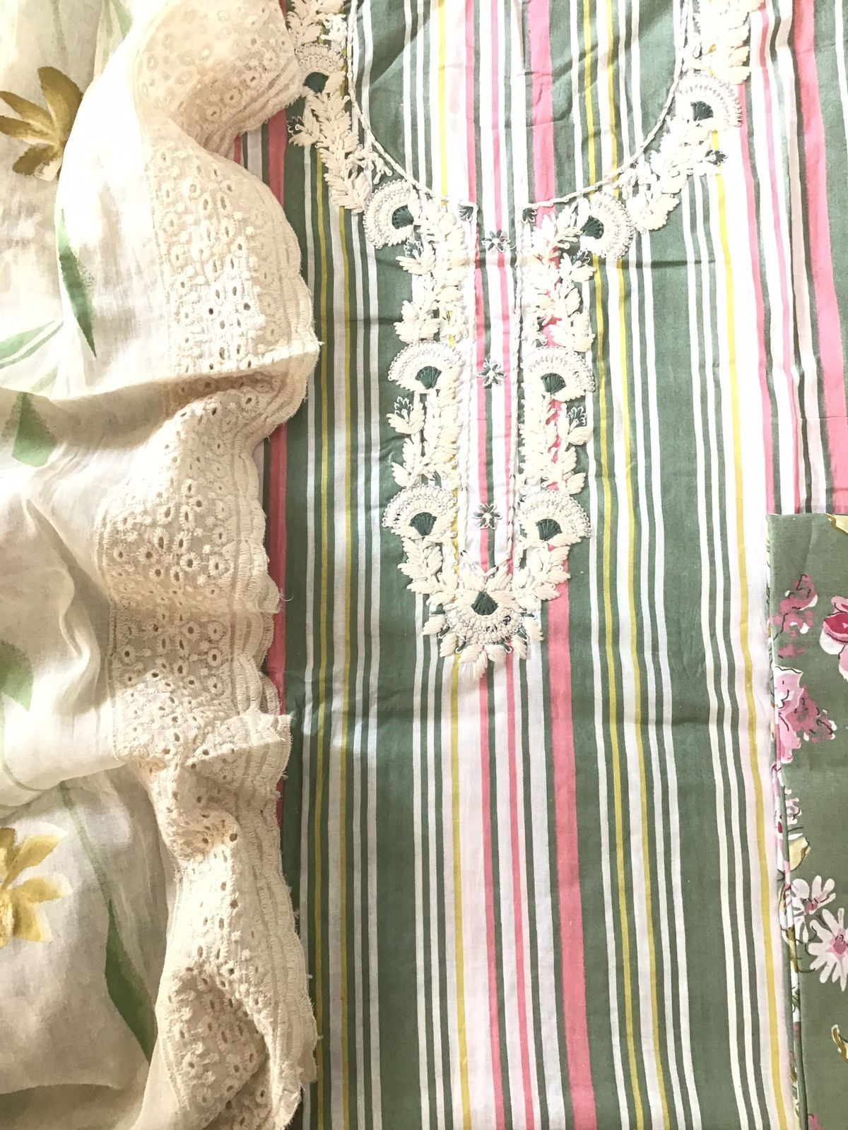 Pure Cotton Printed Embroidered Suit - Green