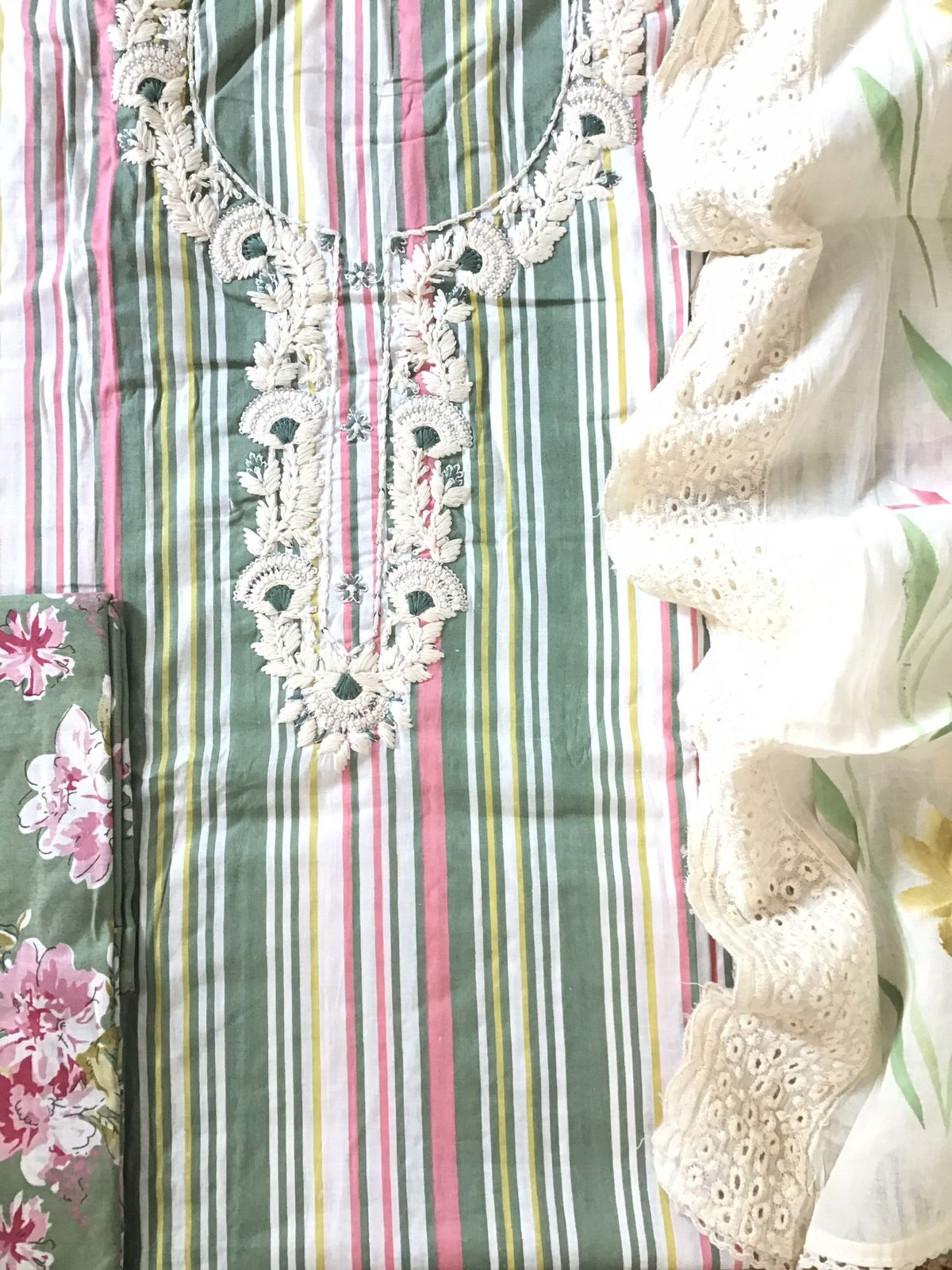 Pure Cotton Printed Embroidered Suit - Green