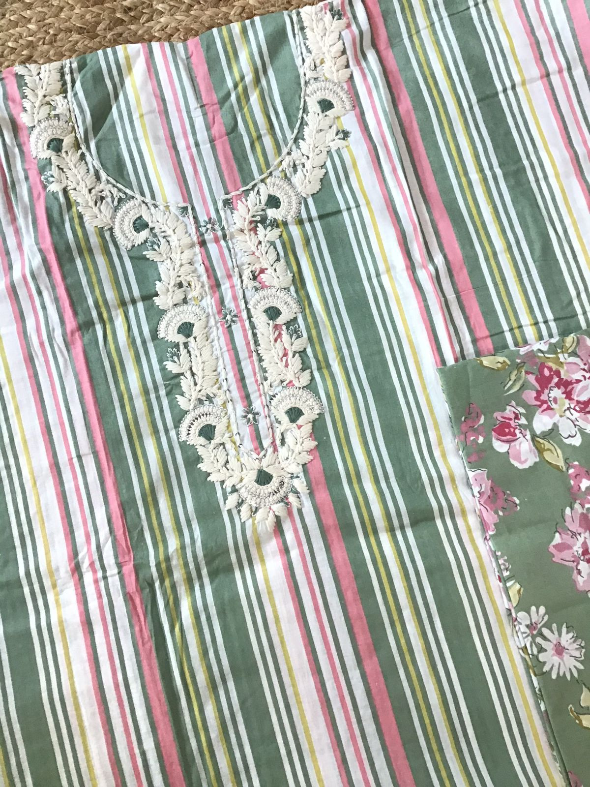 Pure Cotton Printed Embroidered Suit - Green