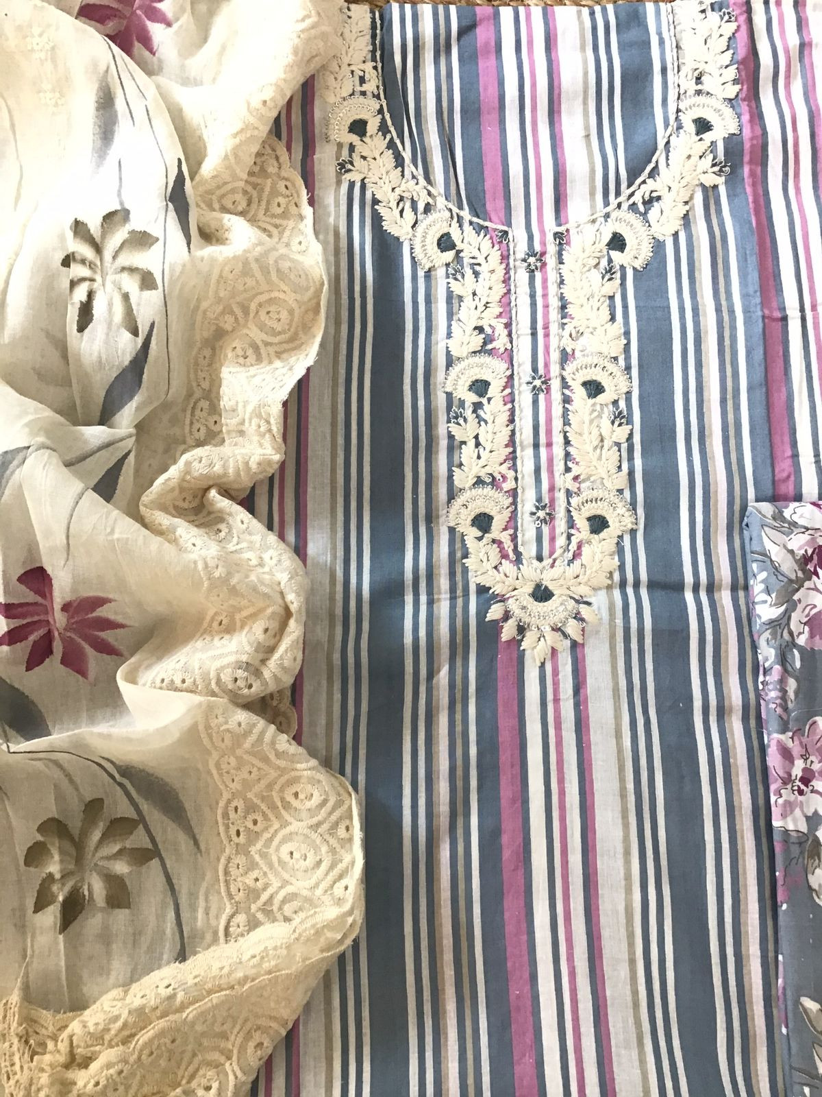 Pure Cotton Printed Embroidered Suit - Grey