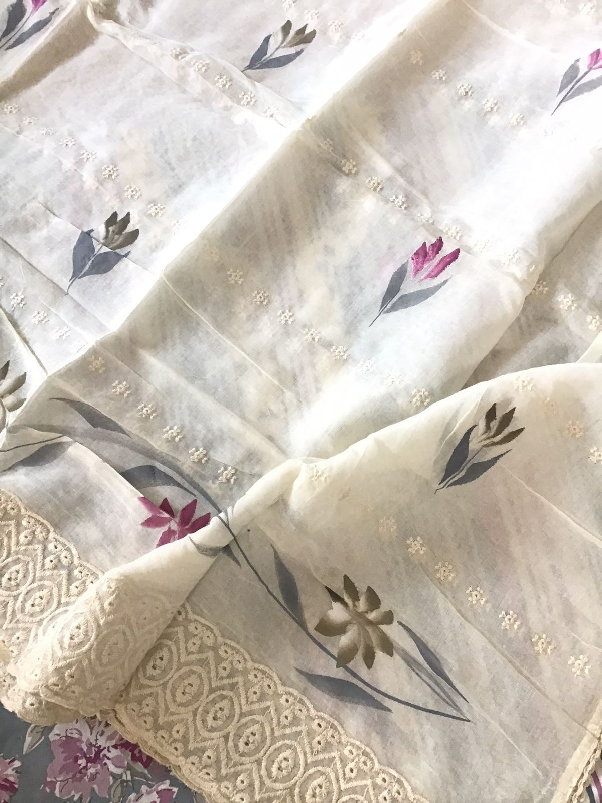 Pure Cotton Printed Embroidered Suit - Grey