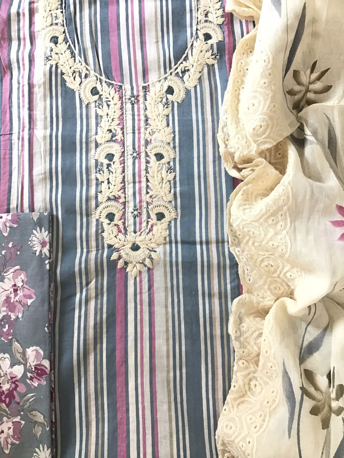 Pure Cotton Printed Embroidered Suit - Grey