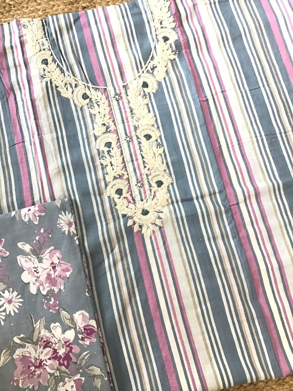 Pure Cotton Printed Embroidered Suit - Grey