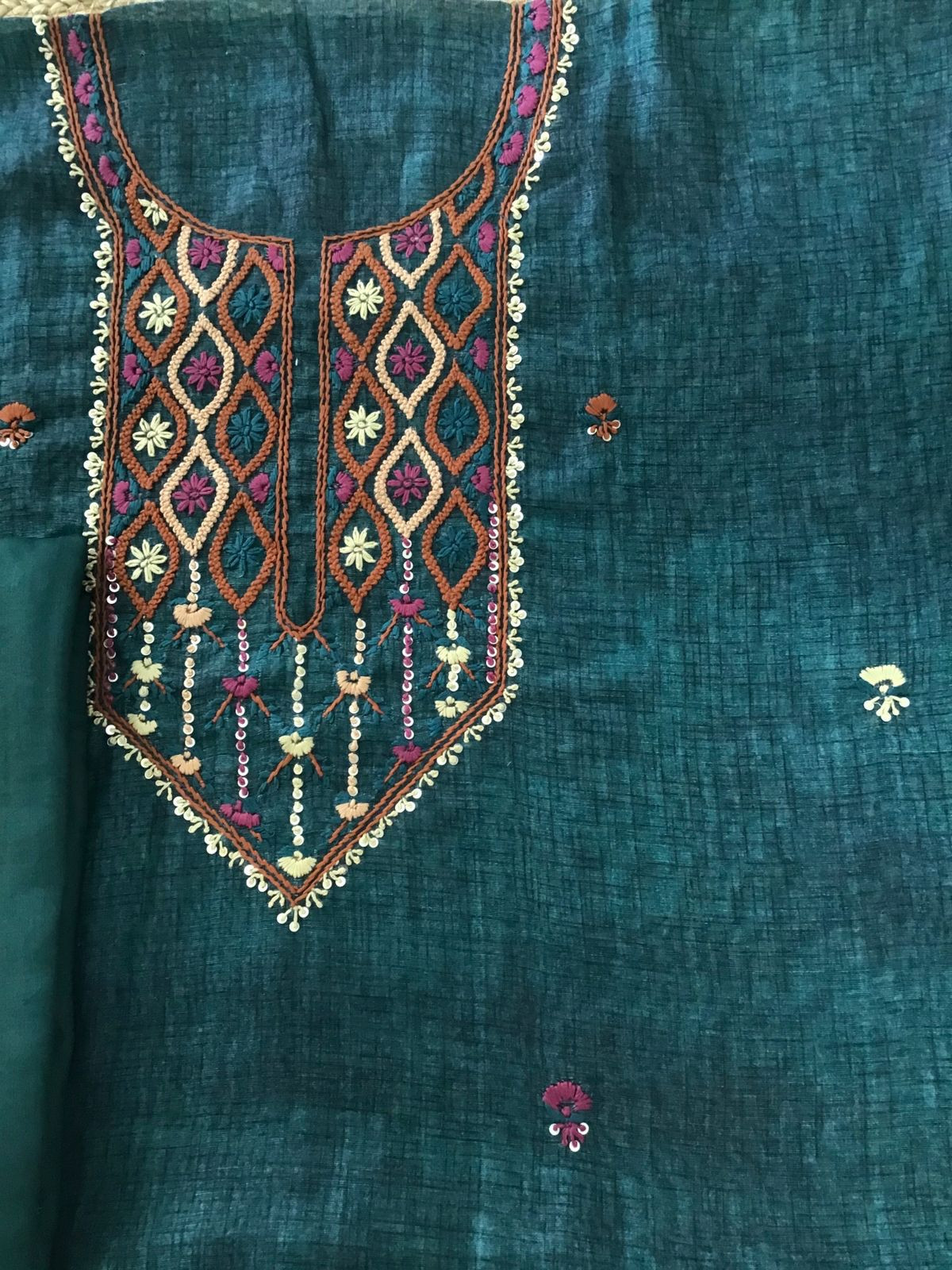 Soft Semi Raw Silk Printed Embroidered Suit - Green