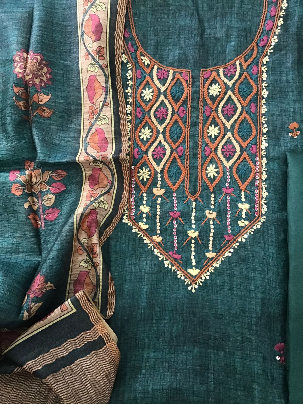 Soft Semi Raw Silk Printed Embroidered Suit - Green