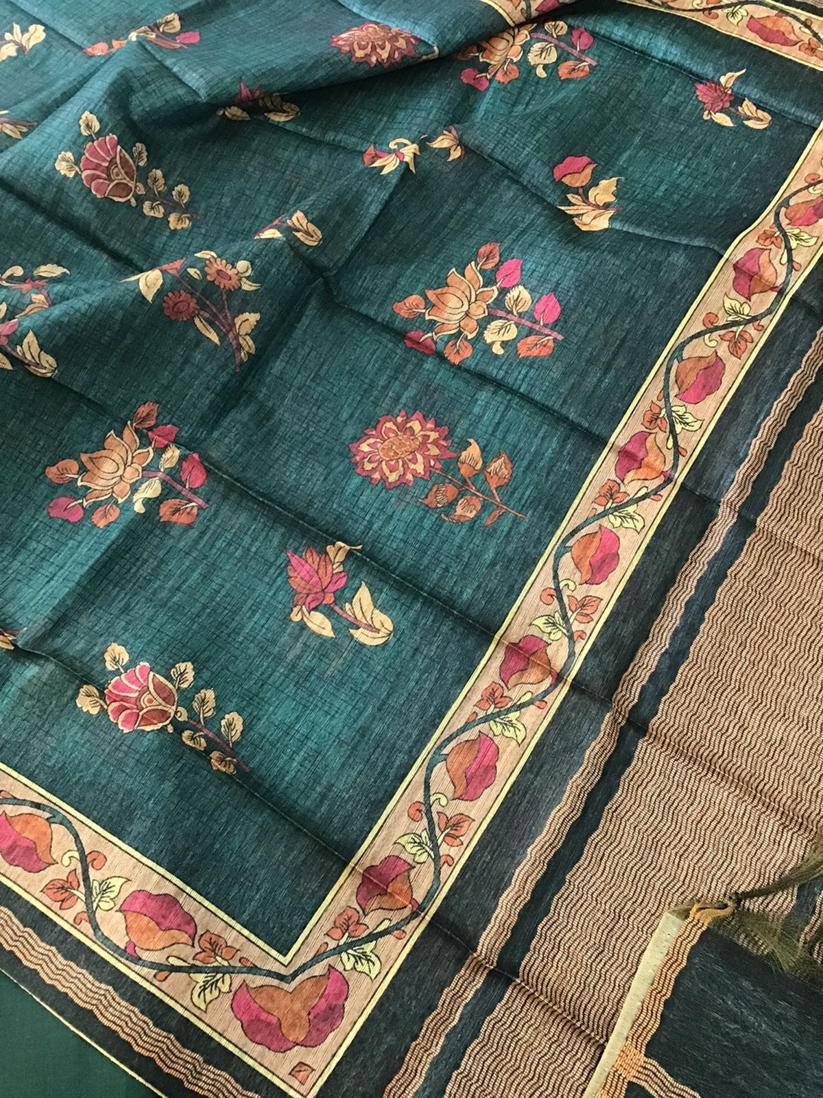 Soft Semi Raw Silk Printed Embroidered Suit - Green