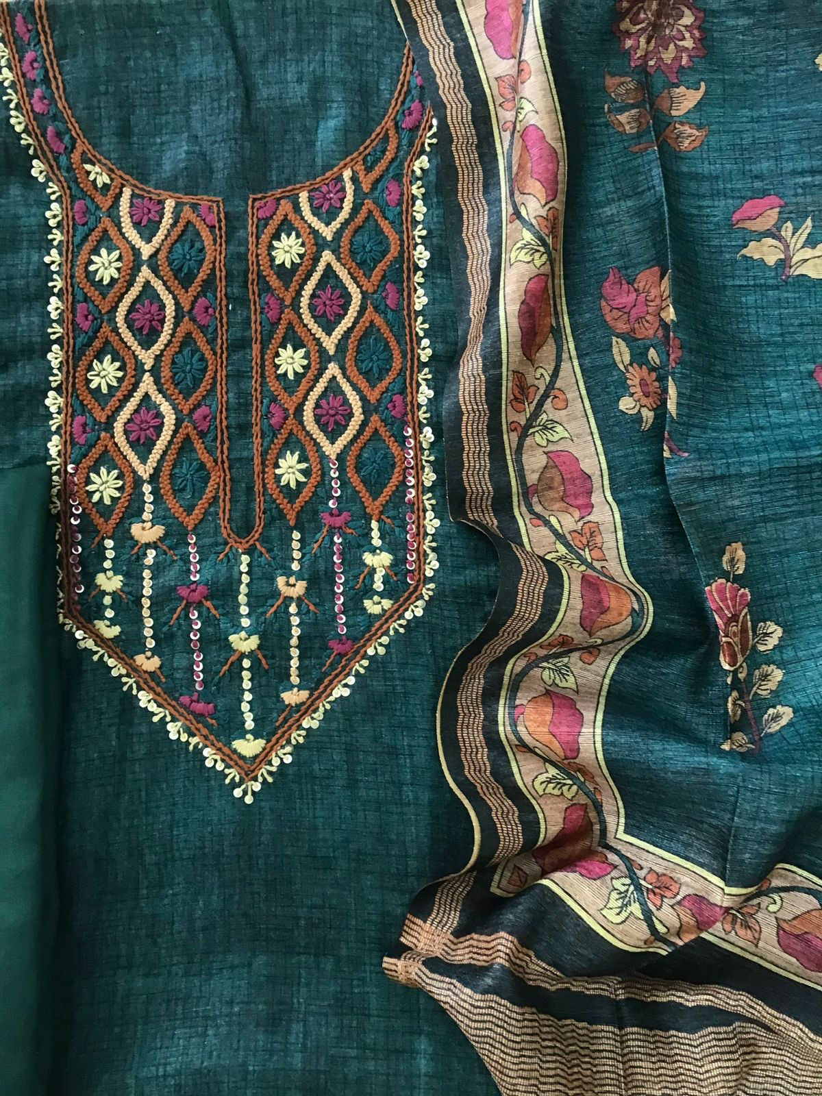 Soft Semi Raw Silk Printed Embroidered Suit - Green