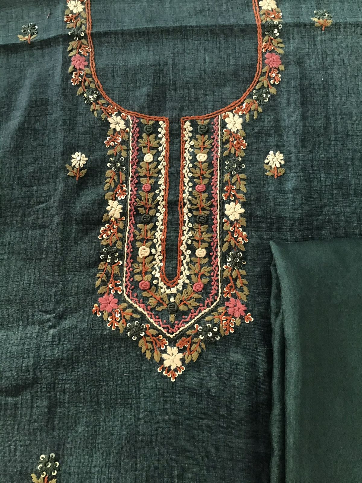 Soft Semi Raw Silk Printed Embroidered Suit - Green