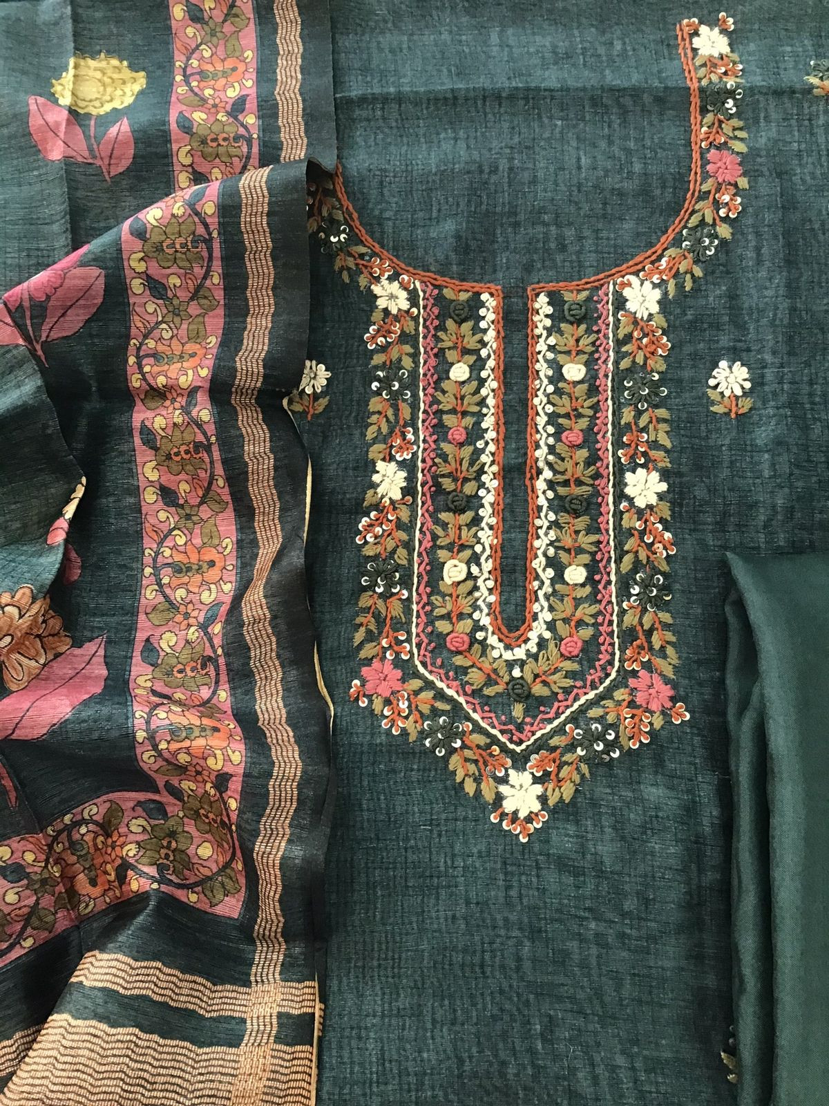 Soft Semi Raw Silk Printed Embroidered Suit - Green