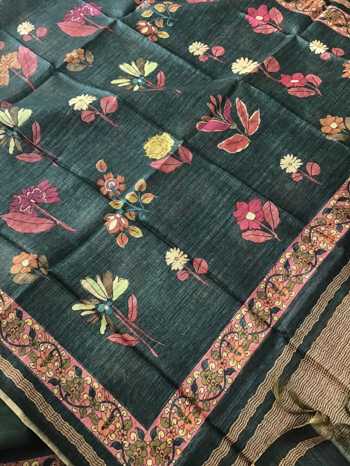 Soft Semi Raw Silk Printed Embroidered Suit - Green