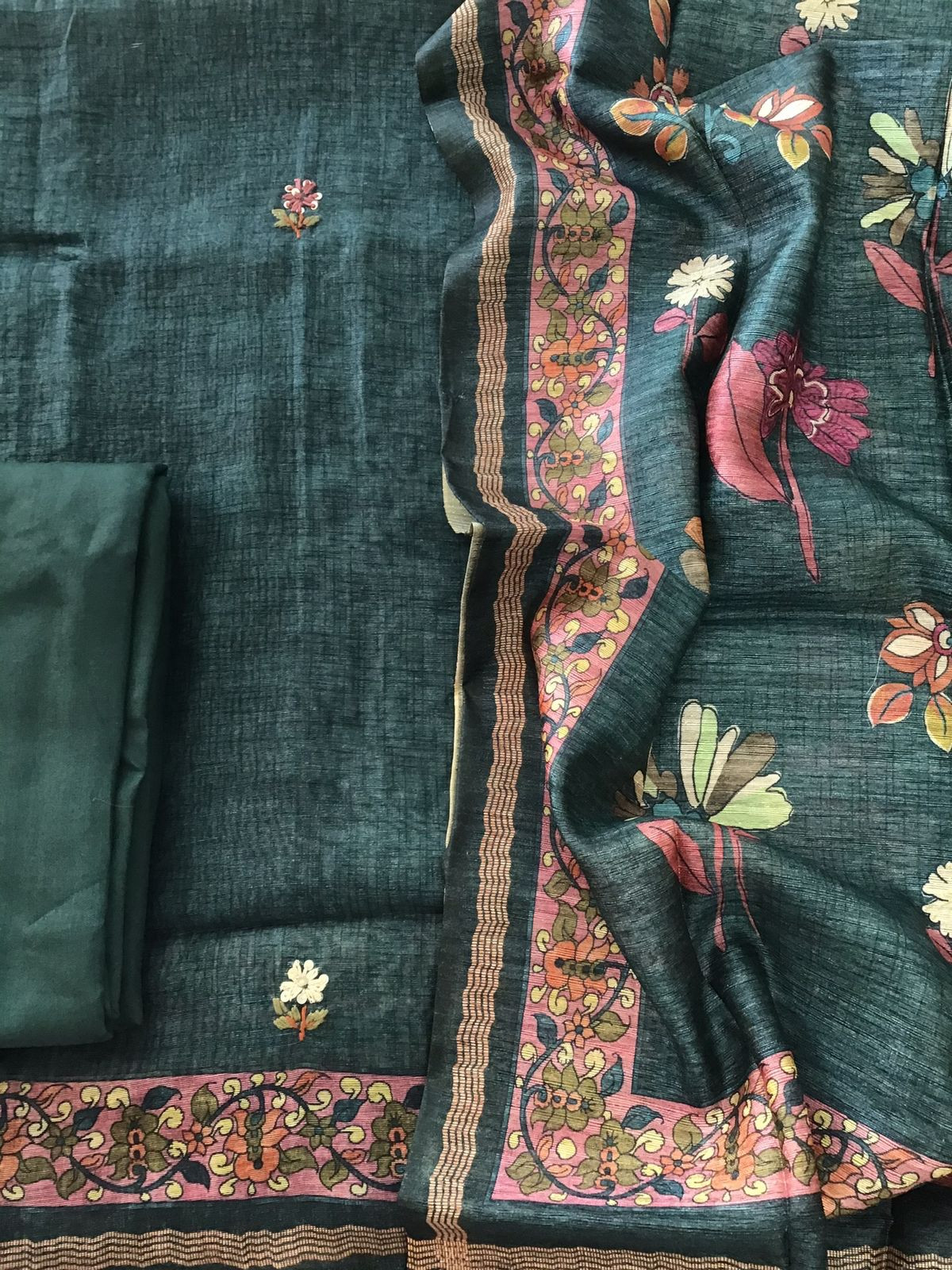 Soft Semi Raw Silk Printed Embroidered Suit - Green