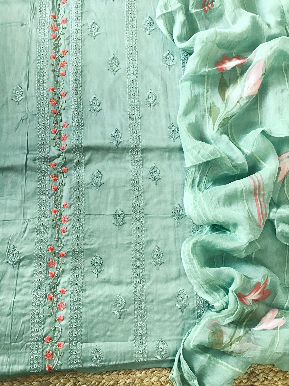 Pure Jaam Cotton Embroidered Suit - Sea Green