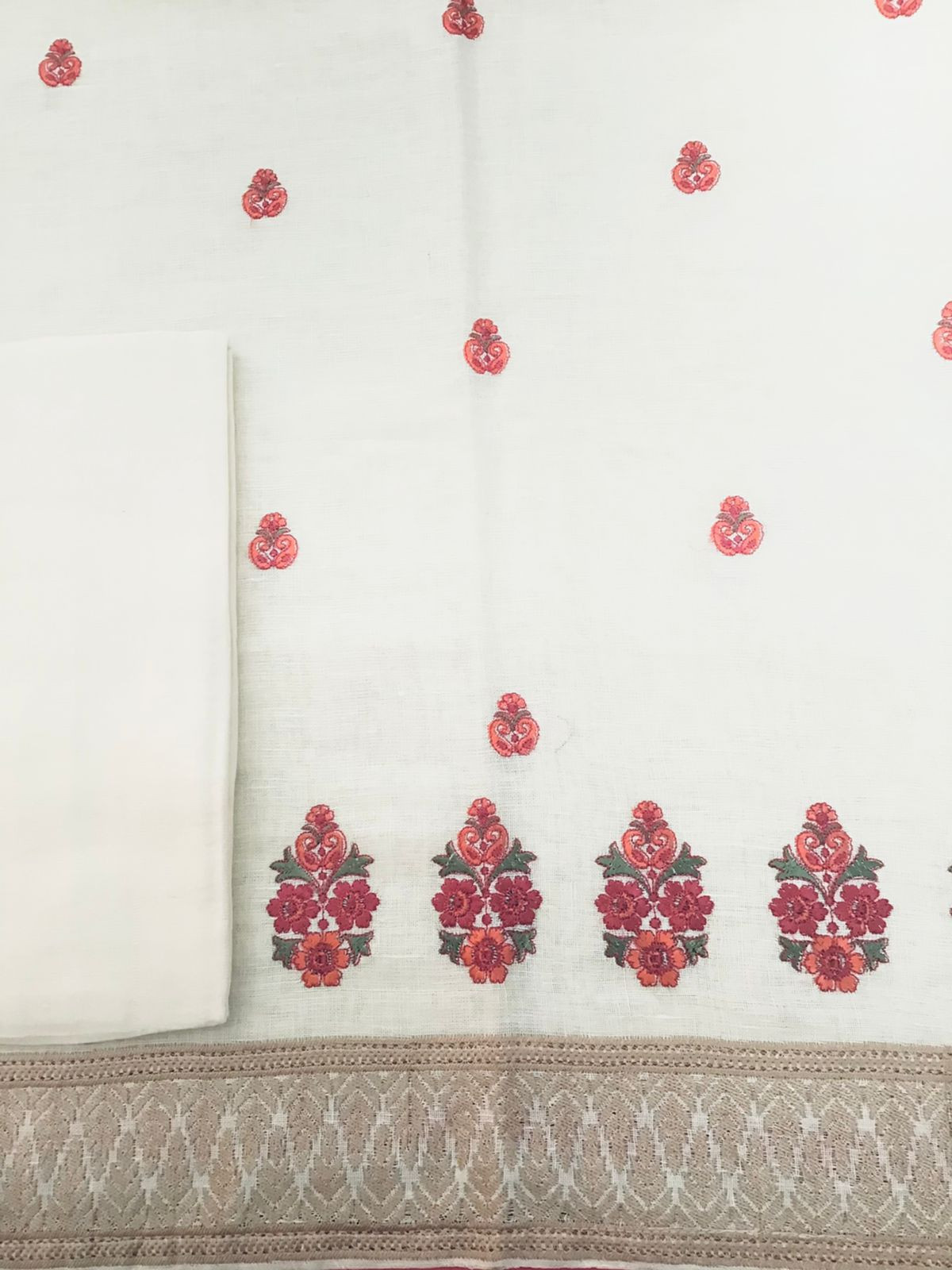 Pure Linen Jute Cotton Embroidered Suit - Offwhite